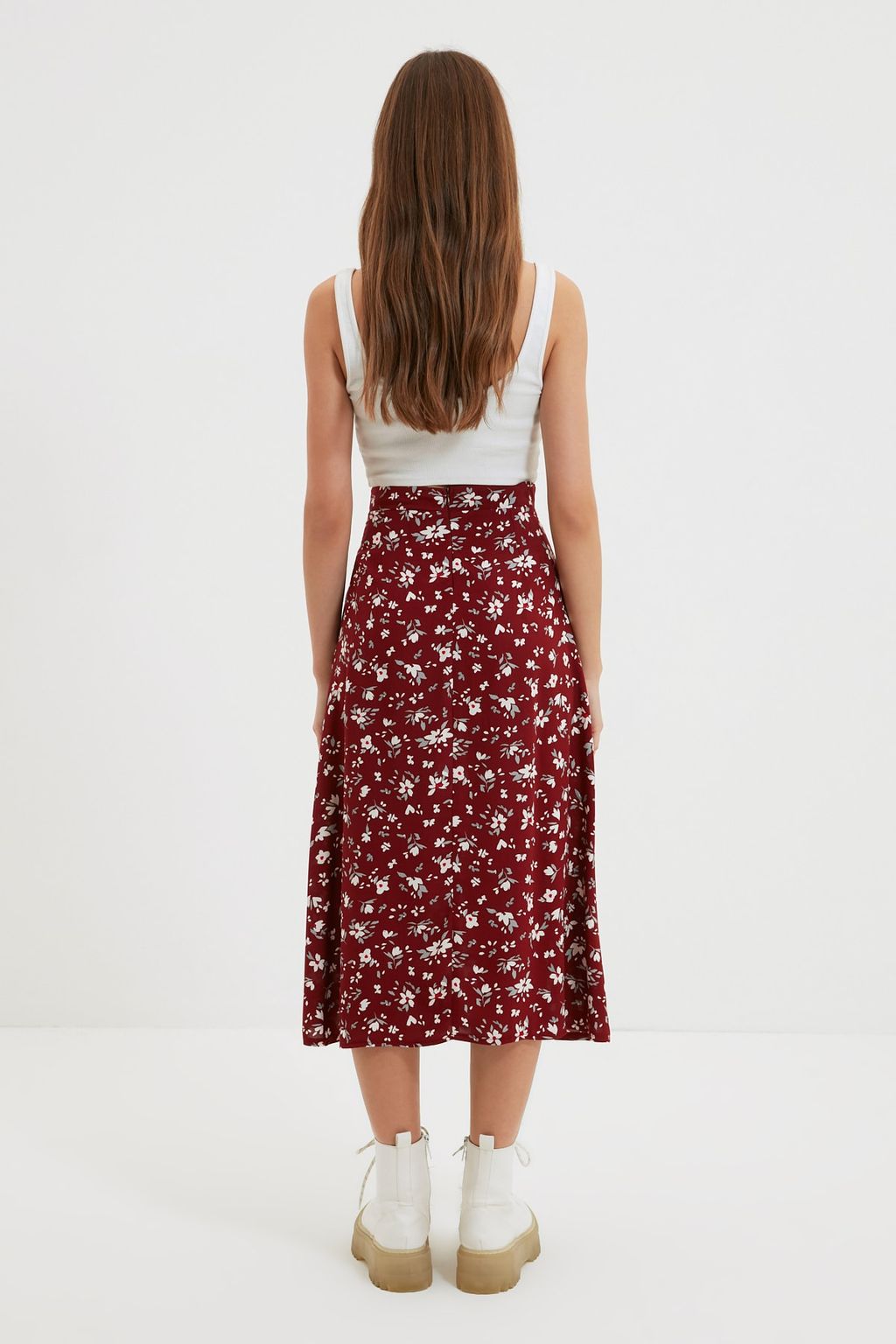 Bordo Y?rtmac Detayl? Cicek Desenli Viskon Kumasl? Midi Dokuma Etek TWOSS20ET0230