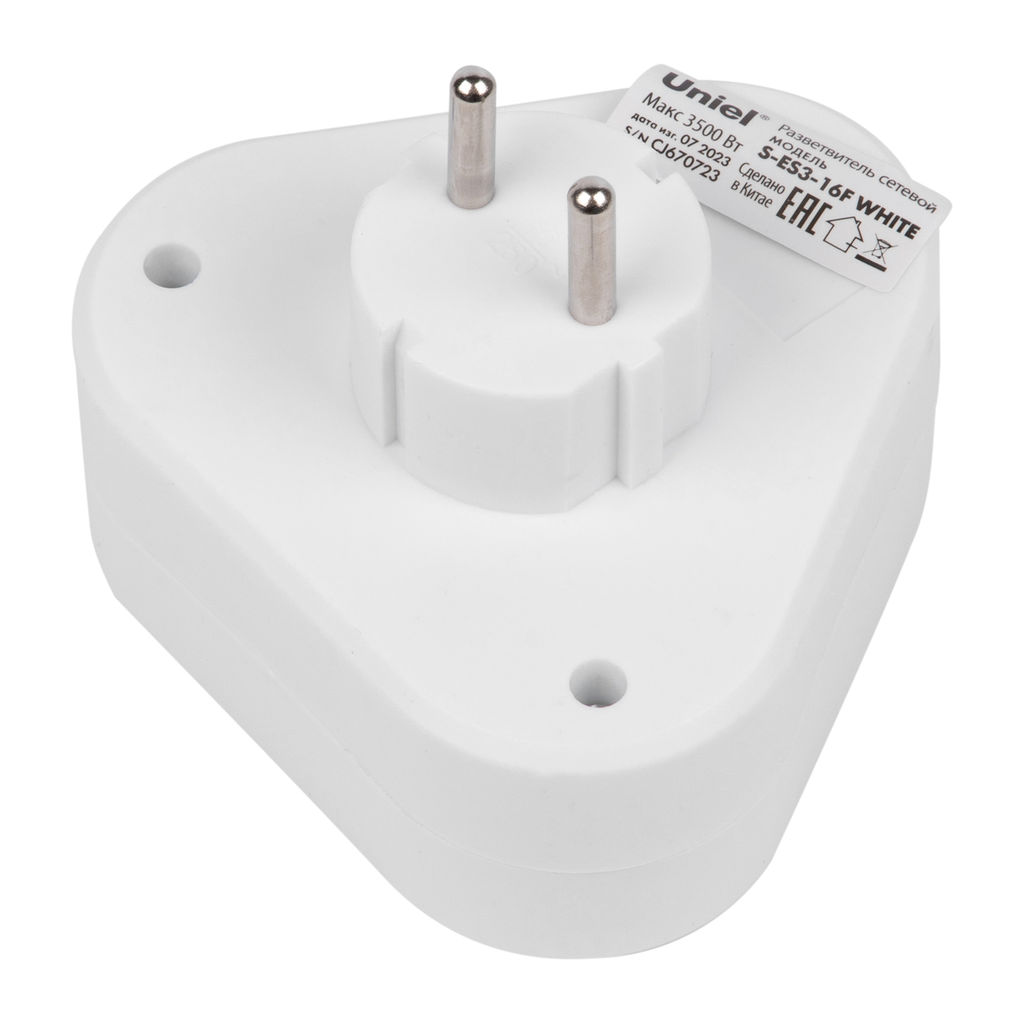 S-ES3-16F WHITE Разветвитель сетевой, б/з. 3 гнезда. 16А, 3500Вт. Белый. ТМ Uniel