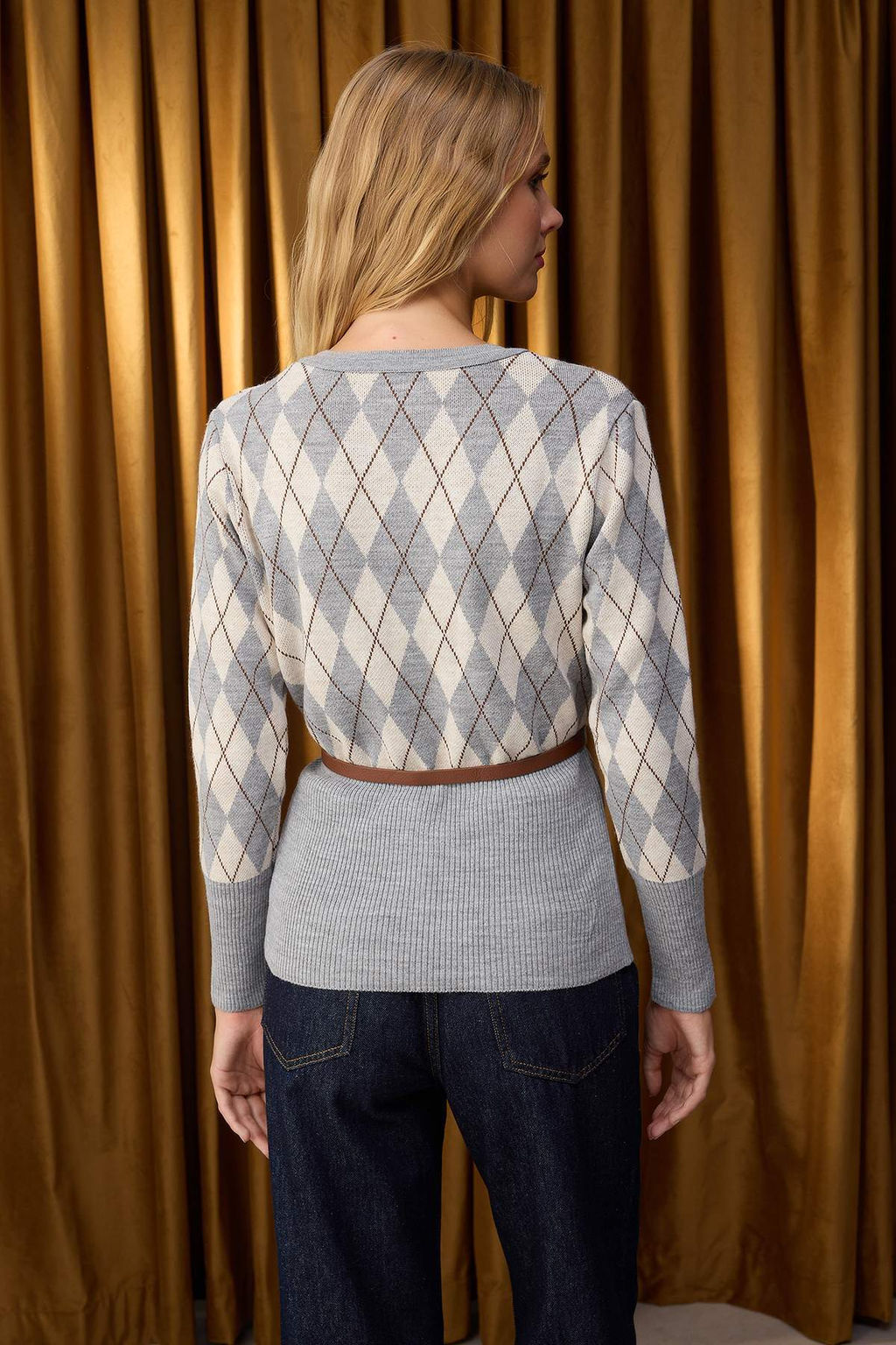 Gri Baklava Desenli Kemerli Triko H?rka TWOAW26HI00150 - Trendyolmilla фото 4