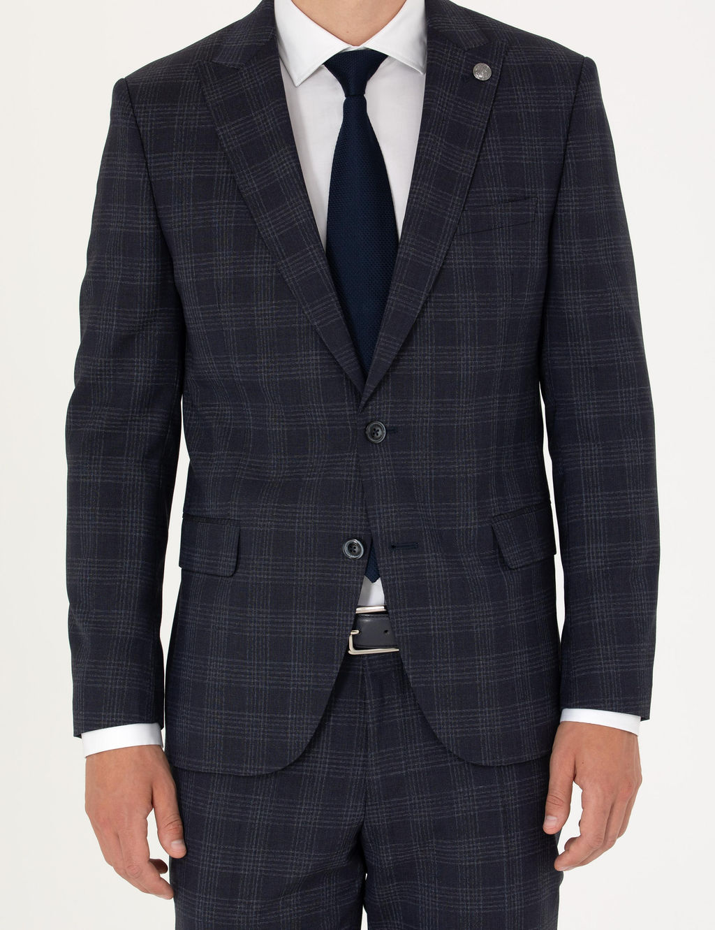 Lacivert Ekose Ekstra Slim Fit Y_n Kar___ml_ Tak_m Elbise