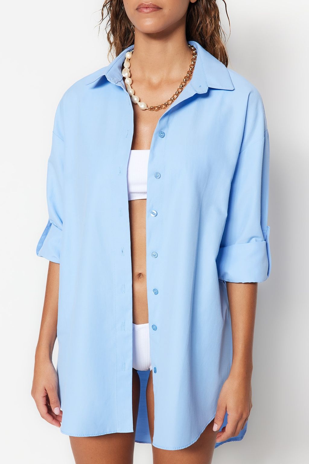 Plaj Giyim Ac?k Mavi Dokuma Maxi Gomlek TBESS22GO0664