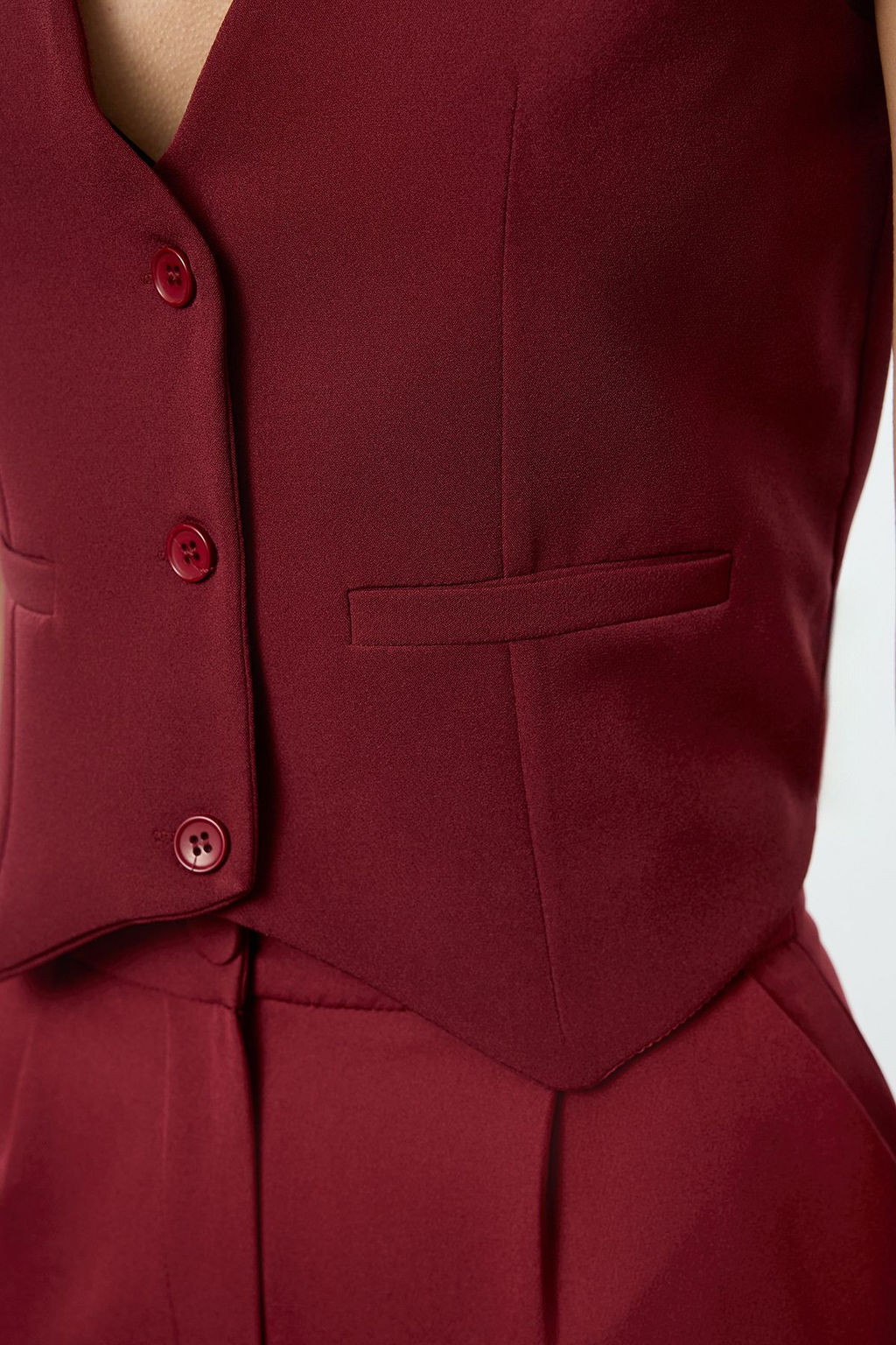 Bordo Dugmeli Crop Dokuma Yelek TWOSS22YE0053