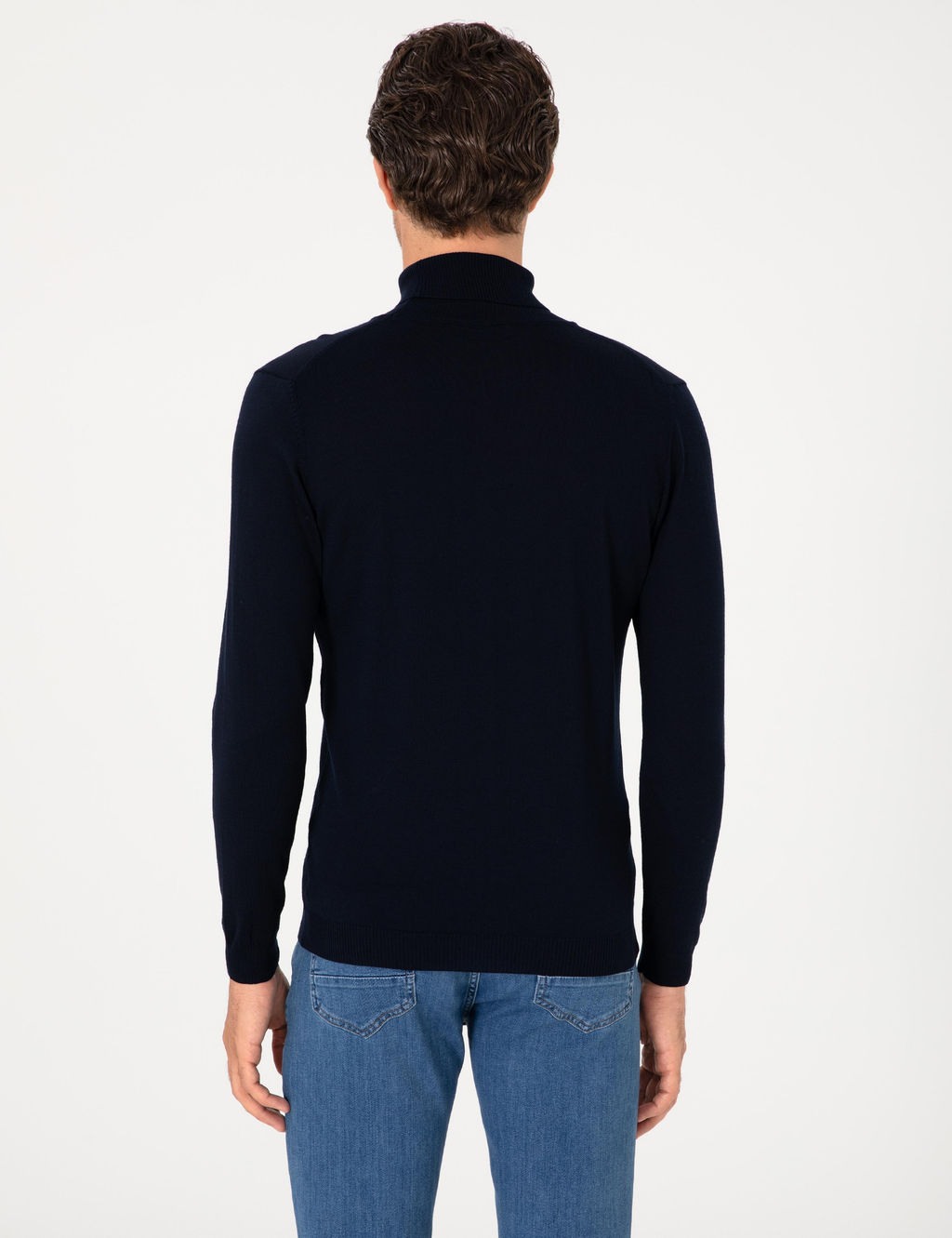 Lacivert Slim Fit Y_n Kar___ml_ Bal_k__ Yaka Basic Triko Kazak