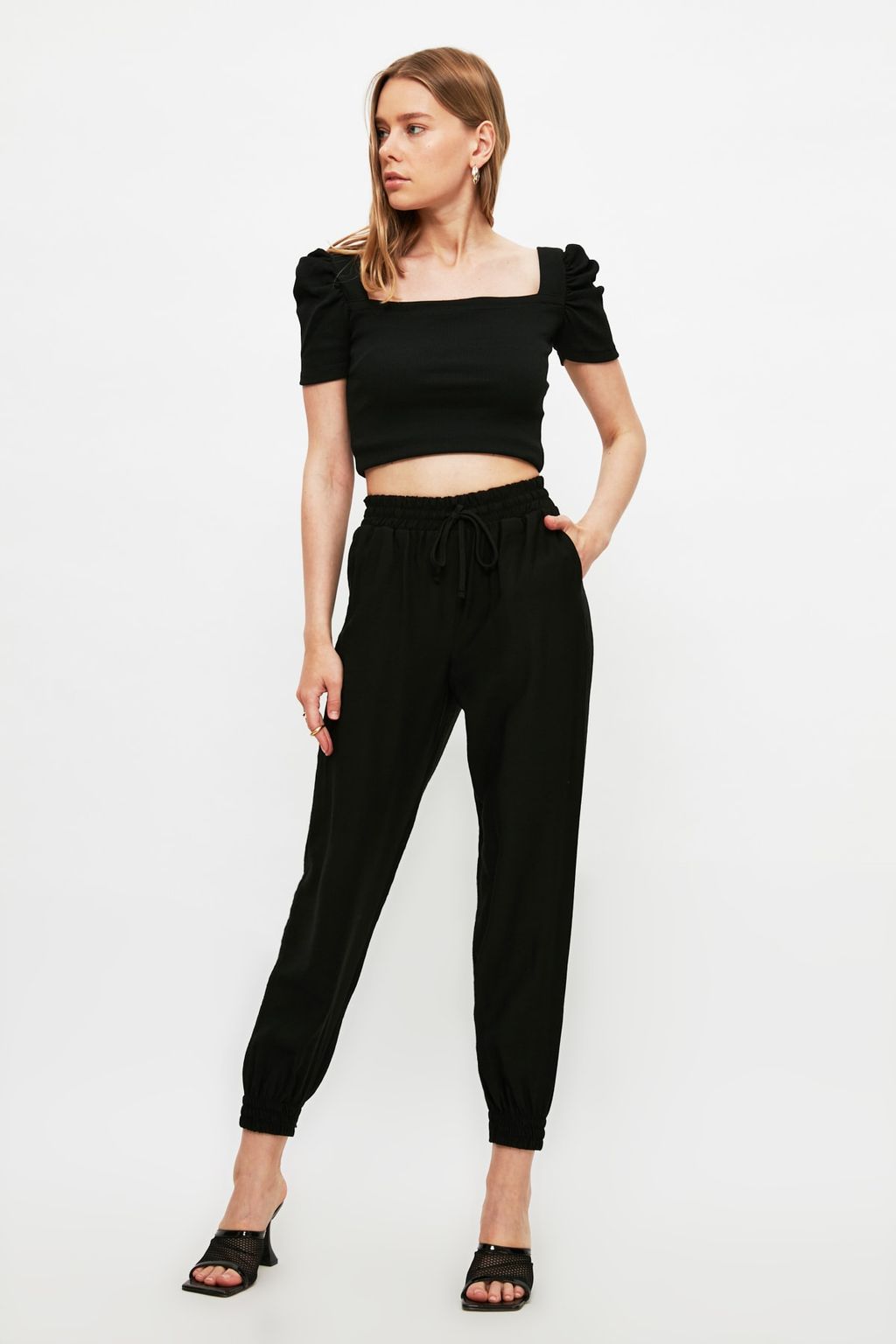 Siyah Beli Lastikli Jogger Dokuma Pantolon TWOSS20PL0129