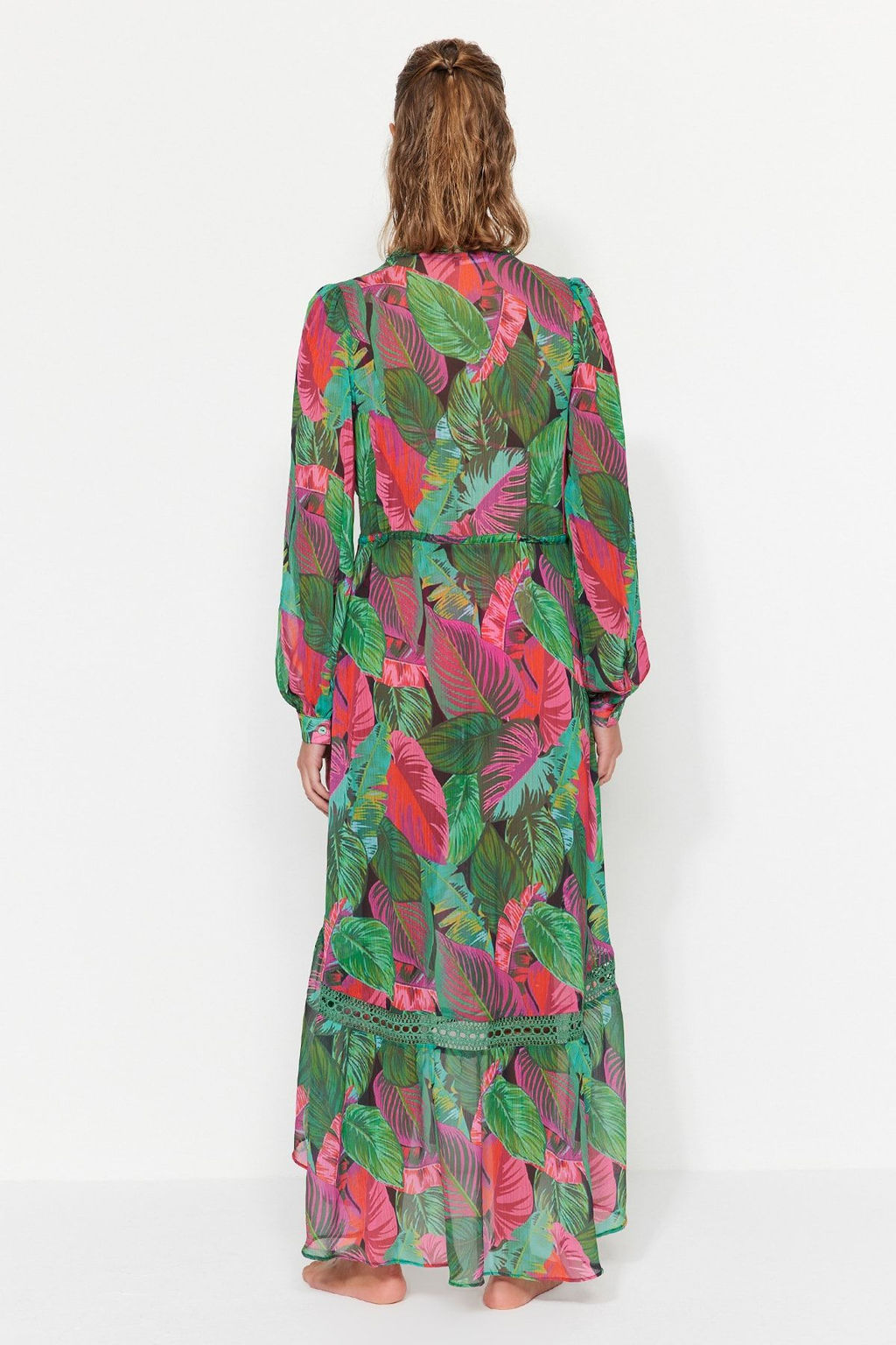 Tropikal Desenli Maxi Dokuma Serit Aksesuarl? Sifon Plaj Kimono&Kaftan TBESS23KM00002 - Trendyolmilla фото 7