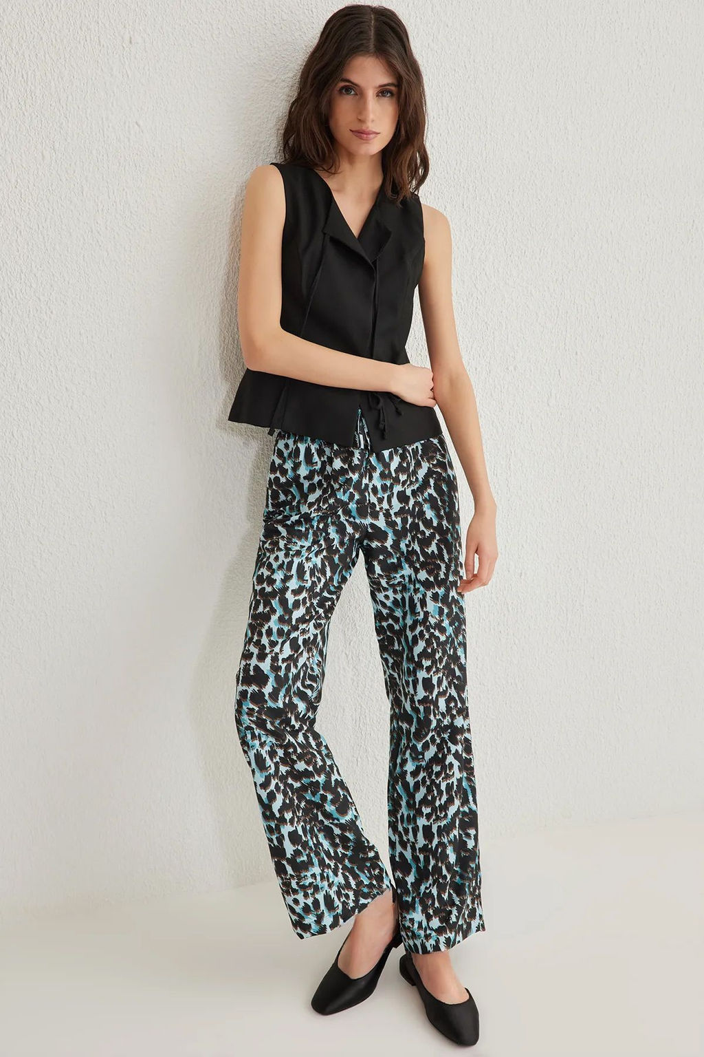 Mavi Beli Lastikli Wide Leg/Genis Paca Leopar Desenli Dokuma Pantolon TWOSS25PL00005