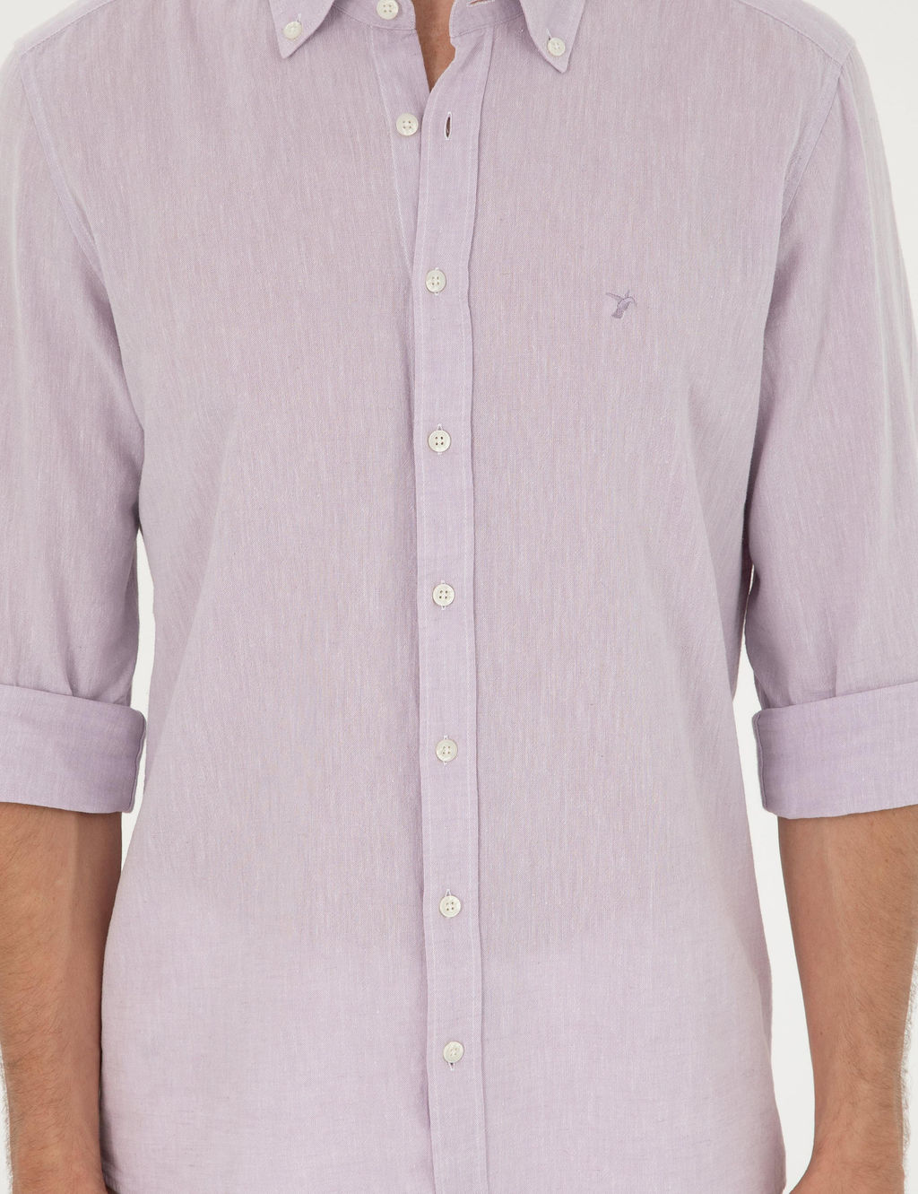 Рубашка приталенного кроя из смесового льна сиреневого цвета с длинным рукавом - Cacharel фото 6