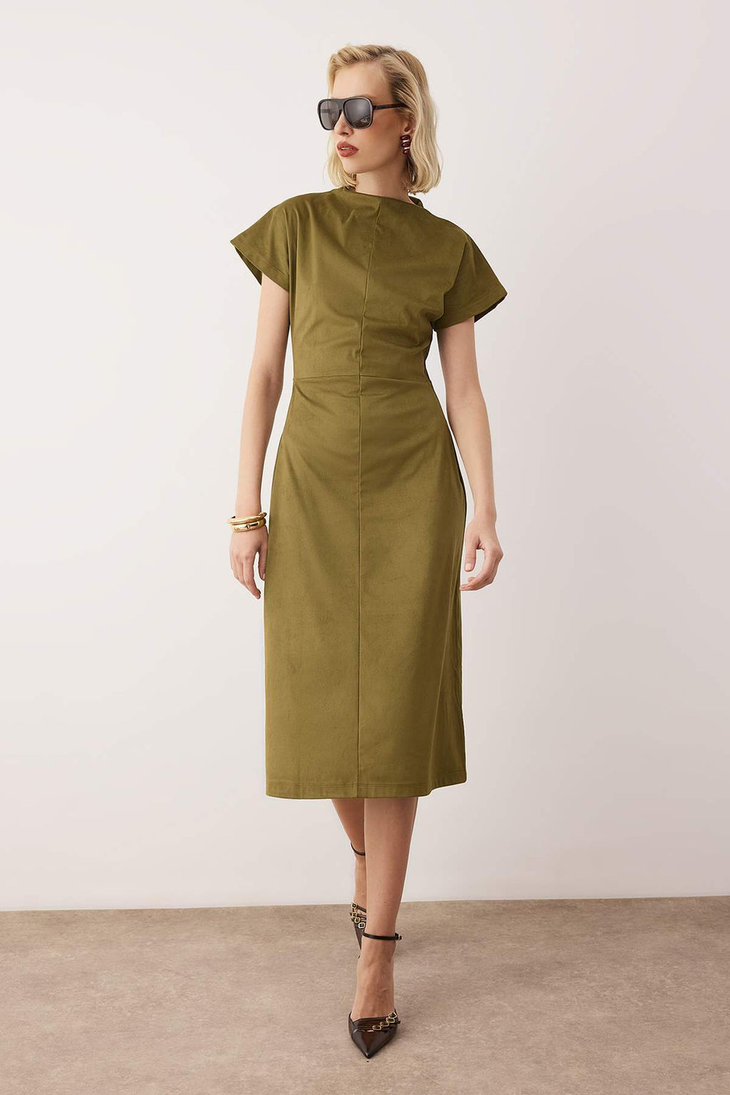 Haki Duz Buzgulu Midi A Line/Can Kesim Suet Orme Elbise TWOAW26EL00297