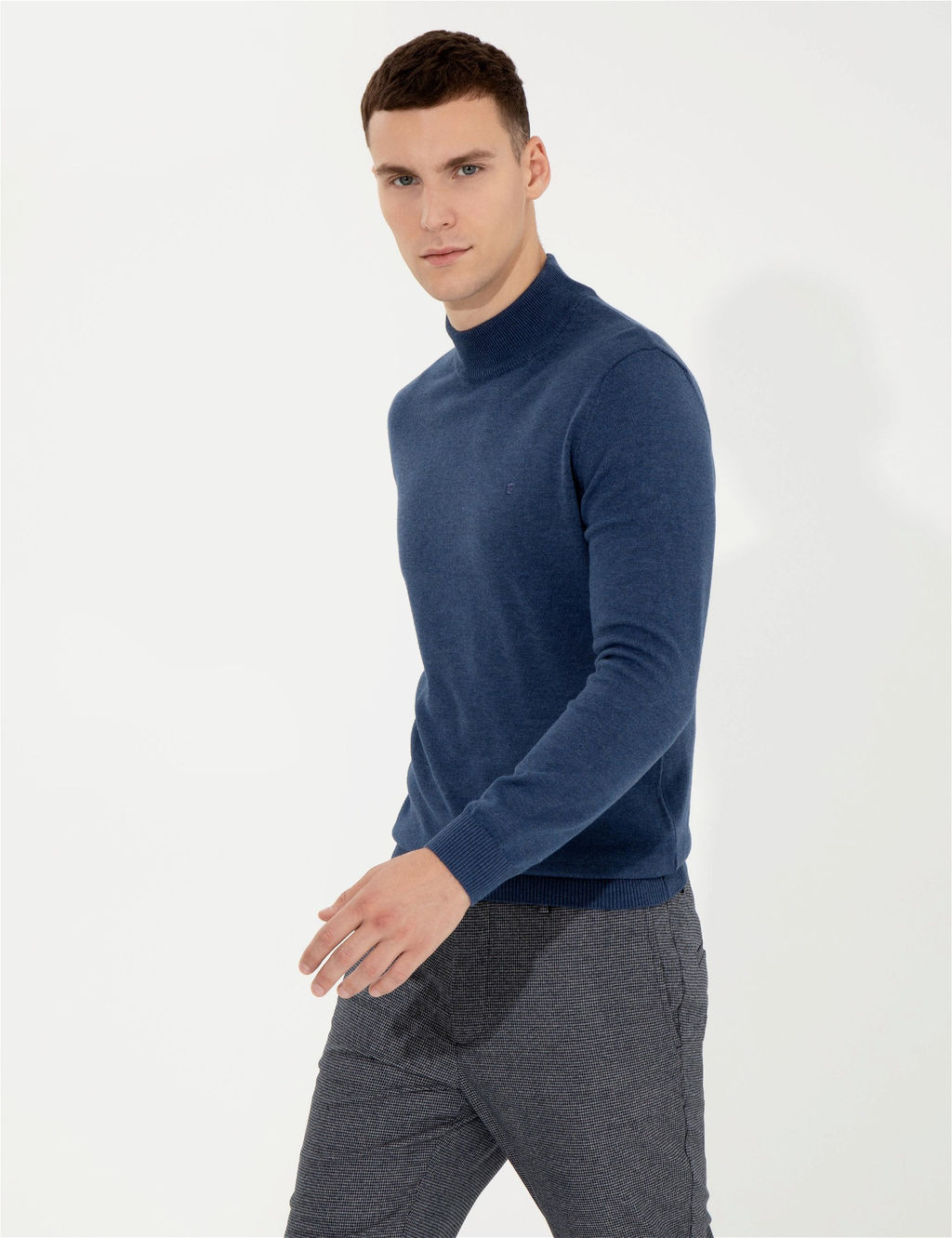 _ndigo Melanj Slim Fit Yar_m Bal_k__ Yaka Basic Triko Kazak