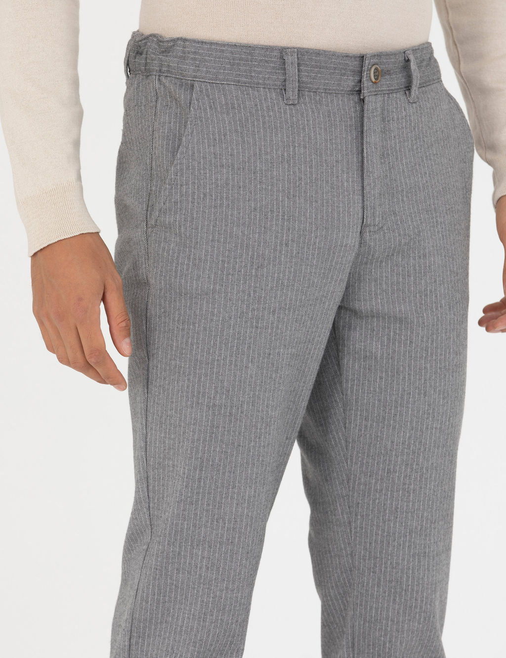 Gri Slim Fit _izgili Kanvas Pantolon
