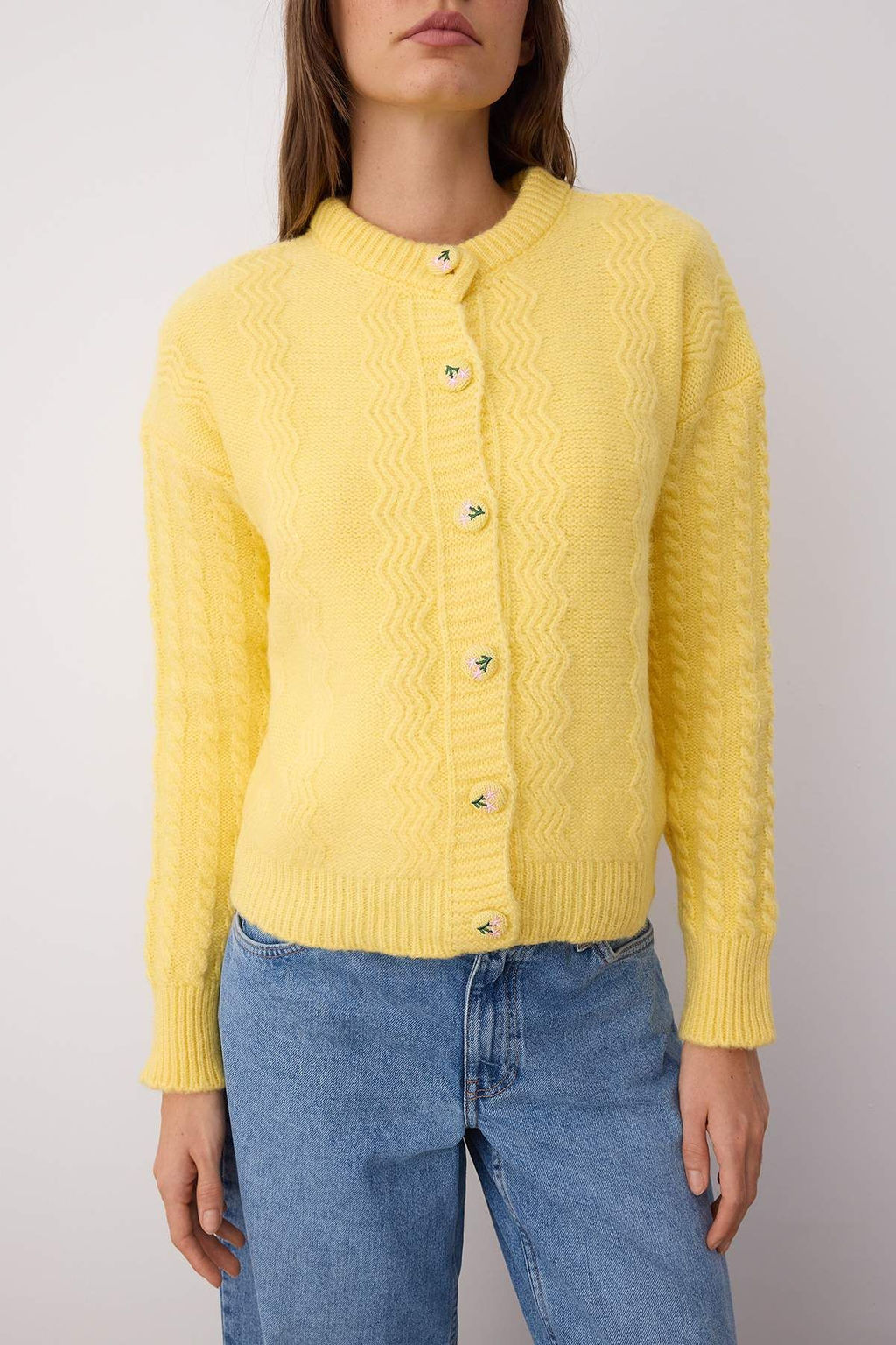 Sar? Yumusak Dokulu Dugme Detayl? Genis Kal?p Triko H?rka TWOAW26HI00153 - Trendyolmilla фото 3