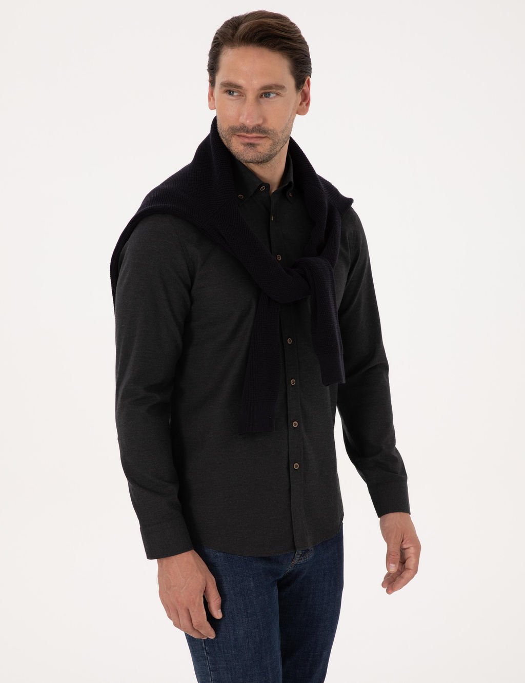 Siyah Slim Fit %100 Pamuk Yakas_ D__meli Flanel G_mlek - Cacharel фото 3