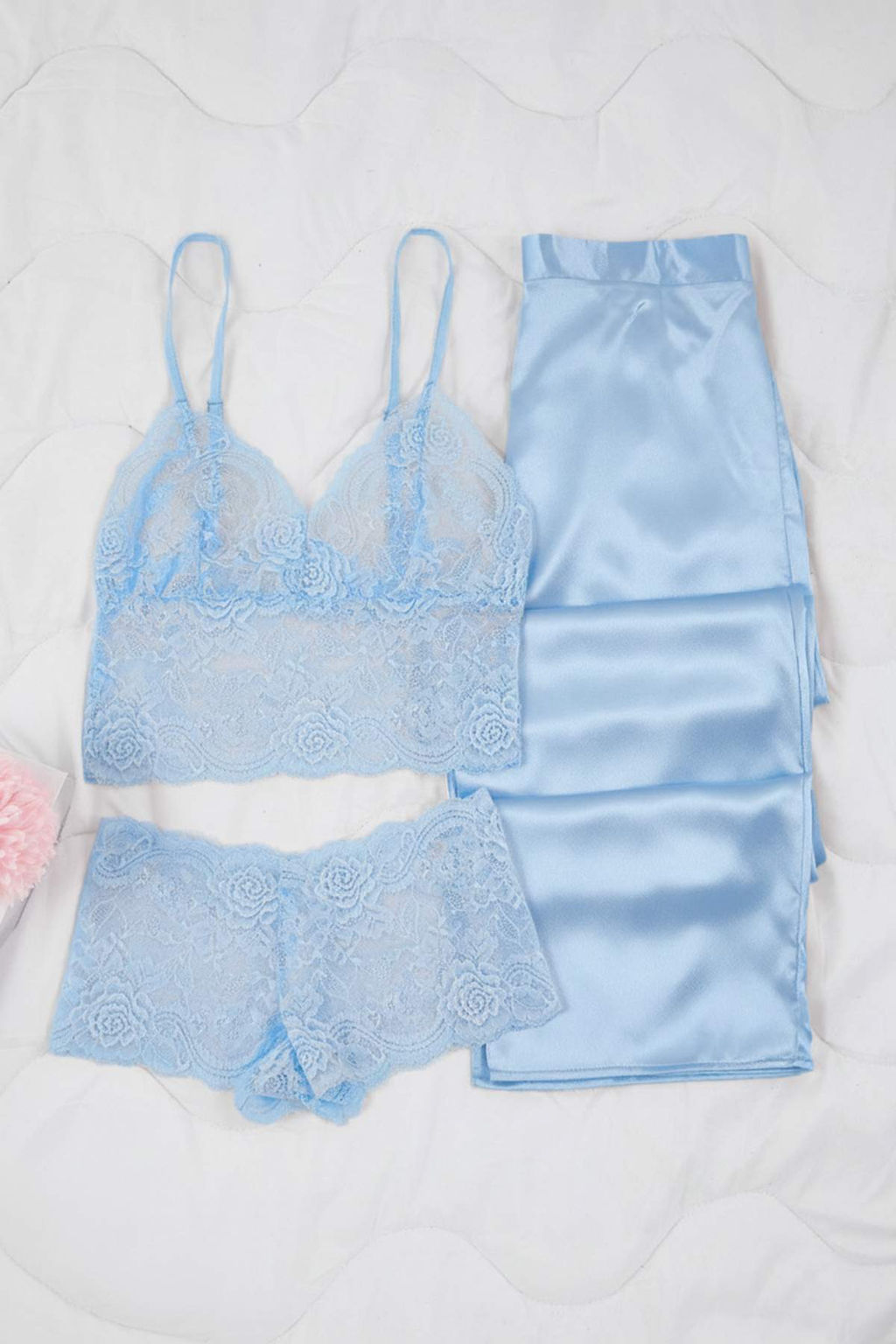 Ac?k Mavi 3lu Ceyiz Set Ust Dantel, Alt Saten Ask?l? Kulotlu Dokuma Pijama Tak?m? THMAW26PT00077