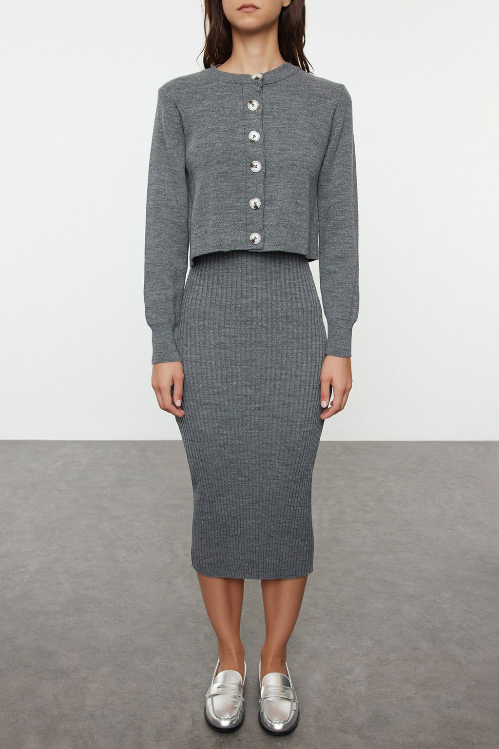 Antrasit 2li Midi Triko Basic H?rkal? Elbise TWOSS23EL00738