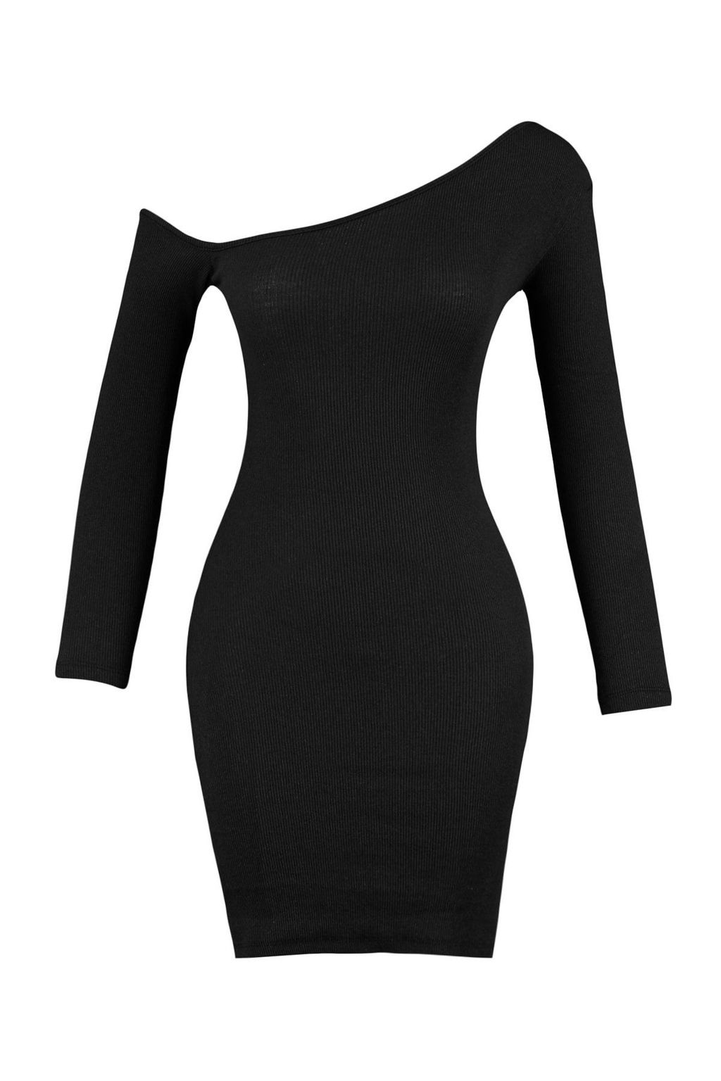 Siyah Vucuda Oturan Asimetrik Yaka Omzu Ac?k Mini Fitilli Esnek Orme Kalem Elbise TWOAW23EL00118