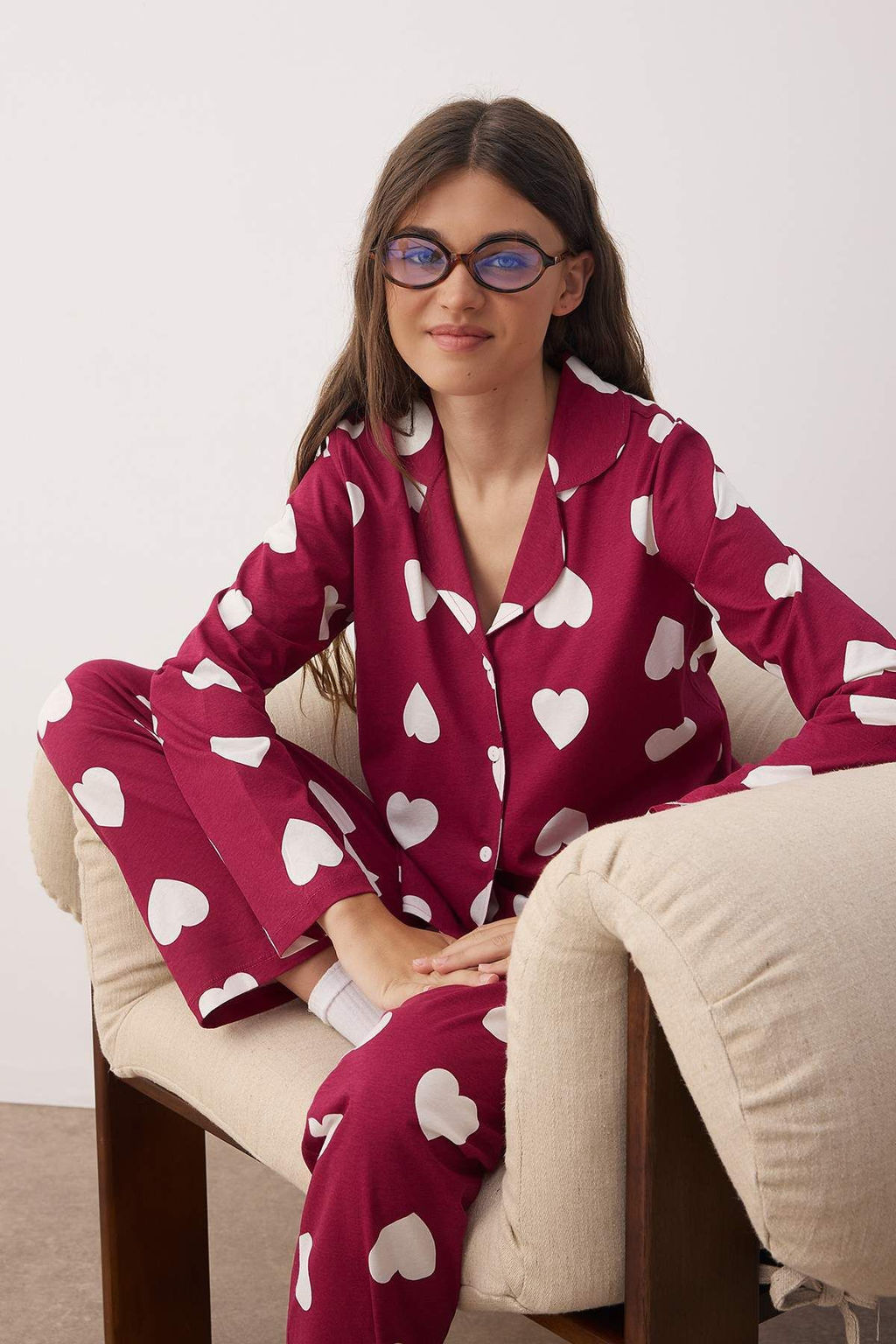 Trendyolmilla Premium Pudra %100 Pamuklu Kalpli Puf Desenli Gomlek-Pantolon Orme Pijama Tak?m? THMAW24PT00253