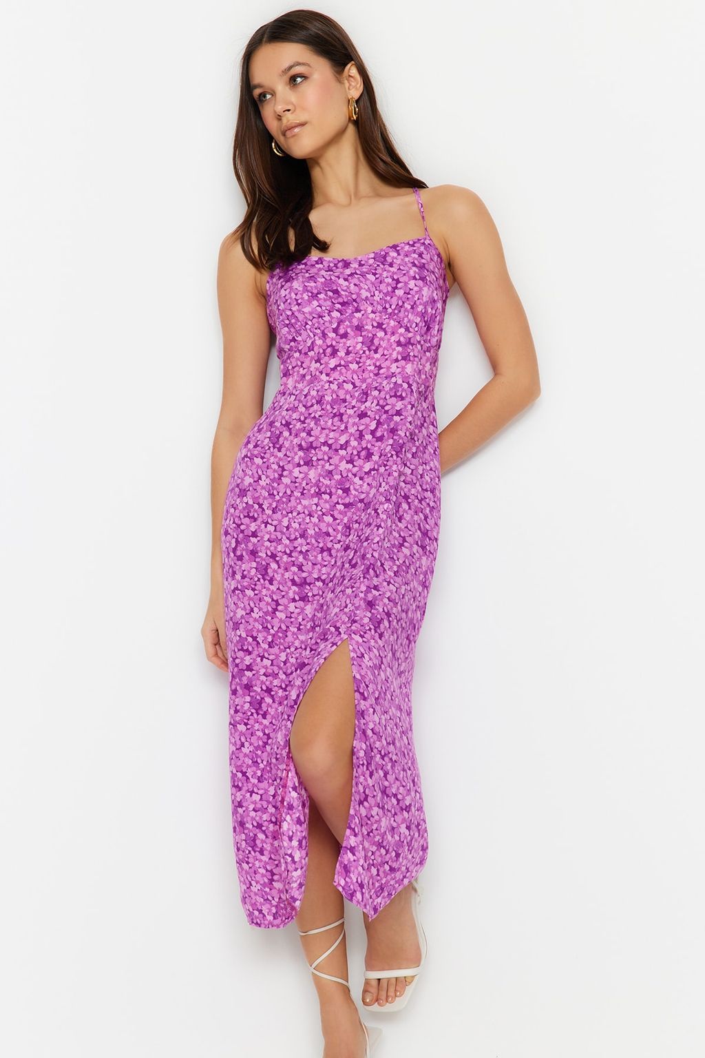 Lila Cicek Desenli Duz Kesim S?rt Detayl? Dokuma Elbise TWOSS23EL02295 - Trendyolmilla фото 3