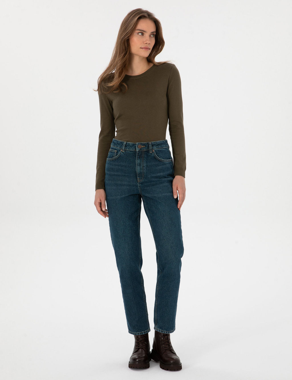 Mom H_gh Wa_st Koyu _ndigo Jean Pantolon
