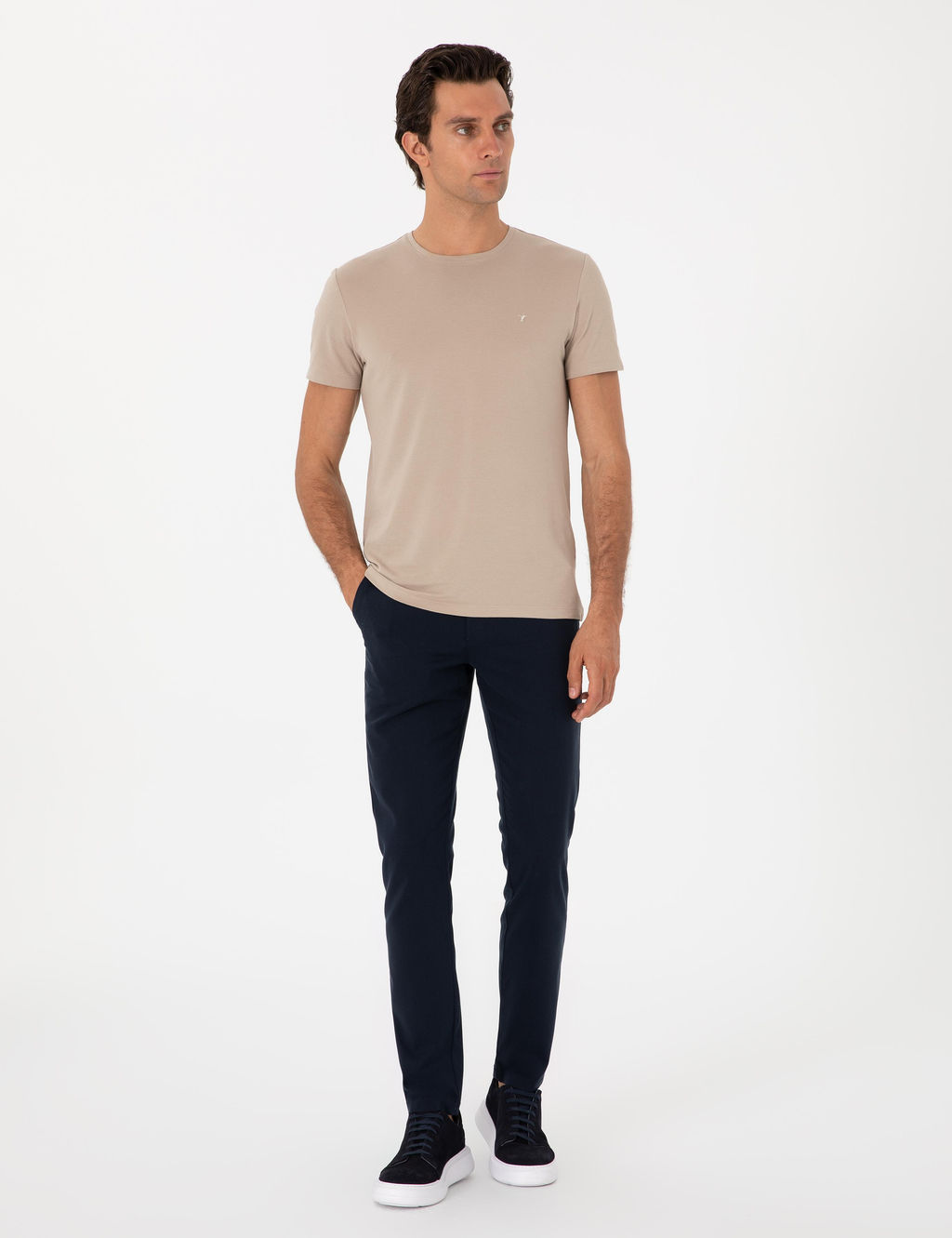 Bej Slim Fit Bisiklet Yaka Pamuklu T-shirt