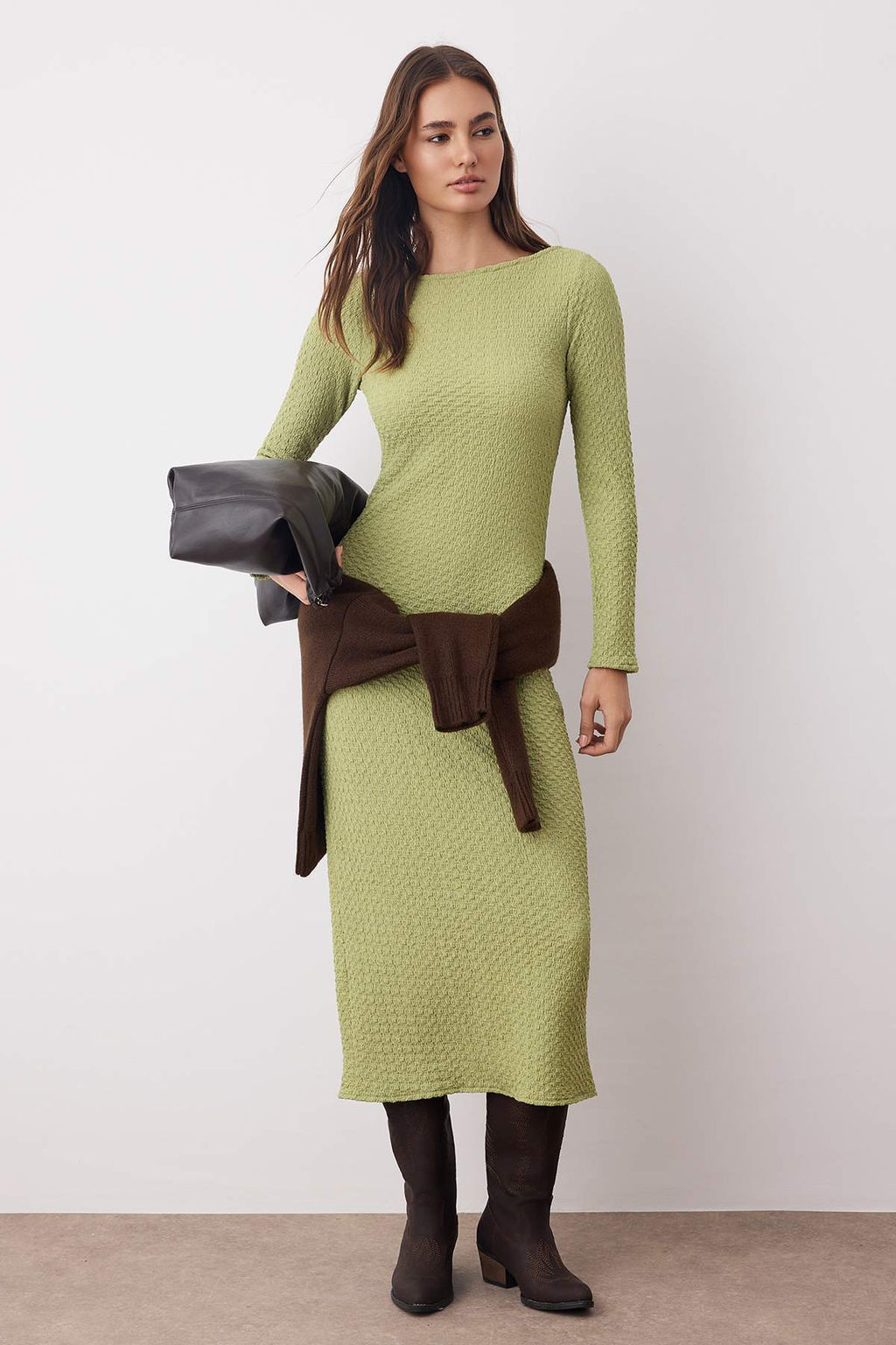 Haki Duz Dokulu Fitted/Vucuda Oturan Maxi Orme Elbise TWOAW25EL00097