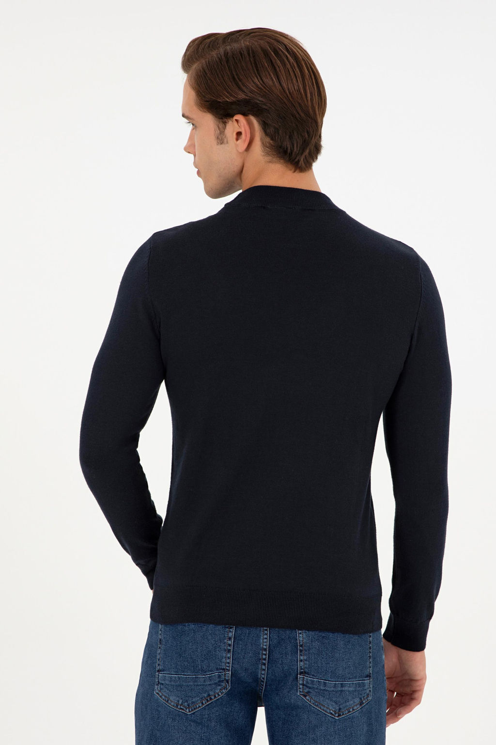 Erkek Slim Fit _eyrek Bal_k__ Yaka Lacivert Basic Triko Kazak