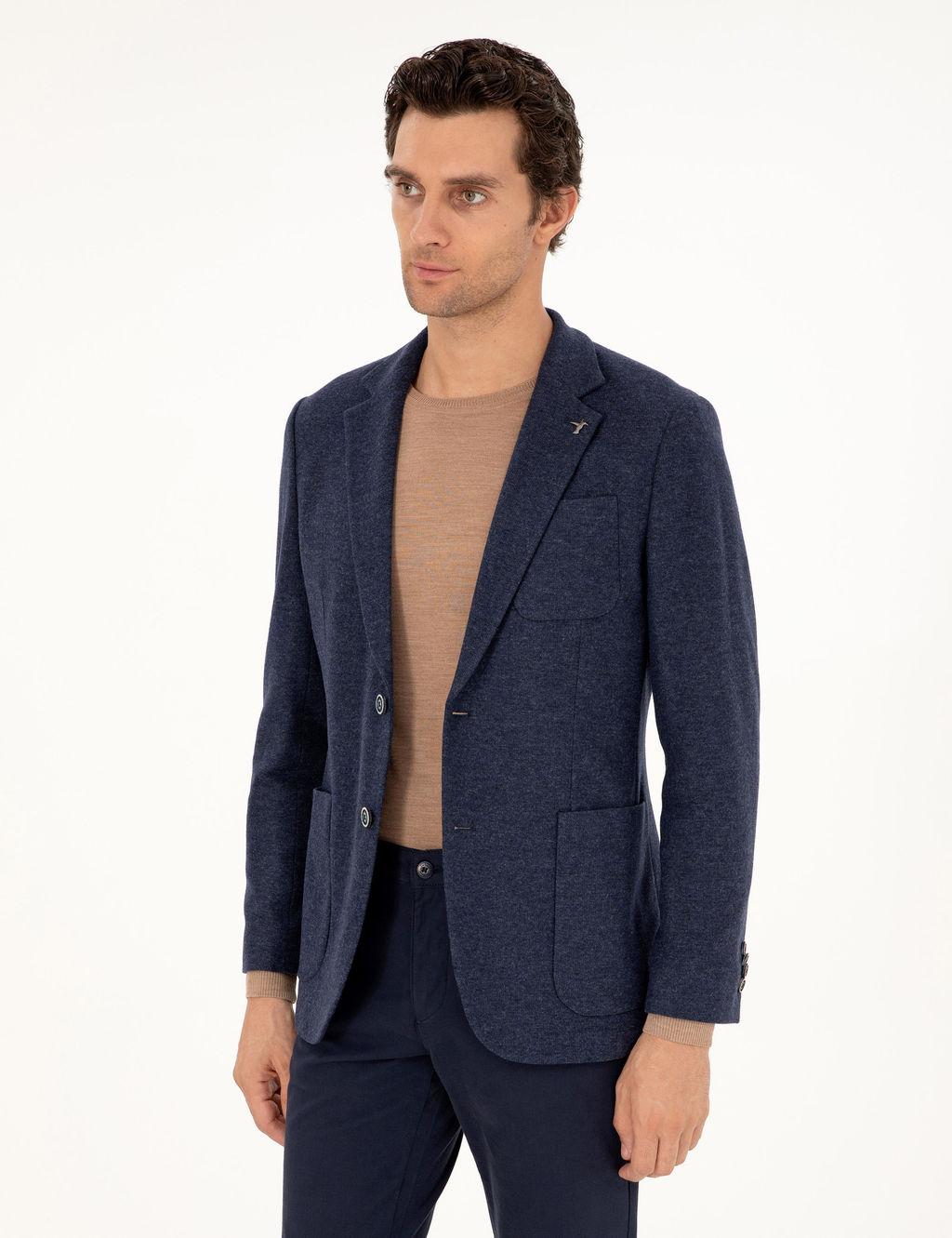 Темно-синяя приталенная куртка из смесового кашемира темно-синего цвета