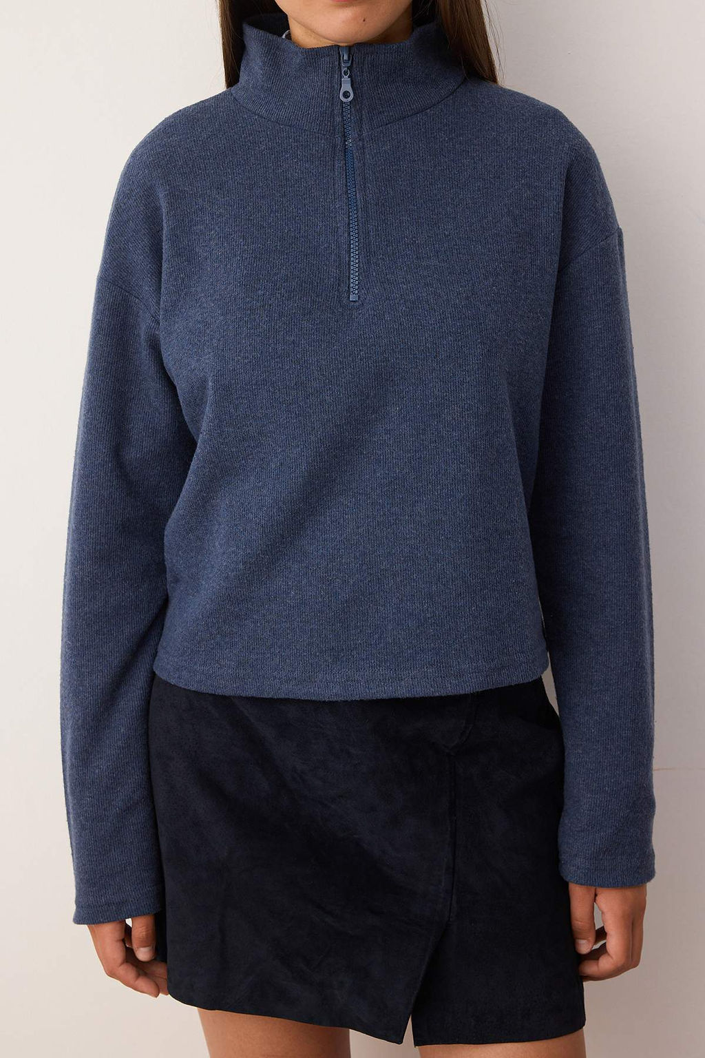Indigo Selanik/Triko Gorunumlu Fermuarl? Yaka Regular/Normal Kal?p Orme Sweatshirt TWOAW22SW0732