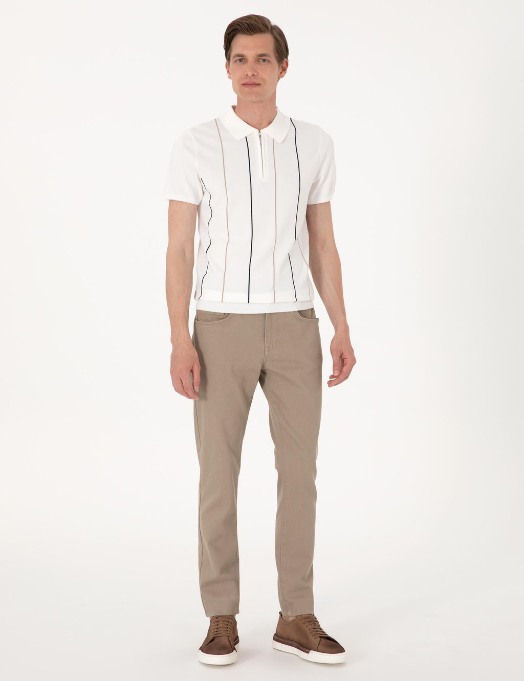 Ekru Slim Fit Polo Yaka Fermuarl_ Triko Ti__rt - Pierre cardin фото 4