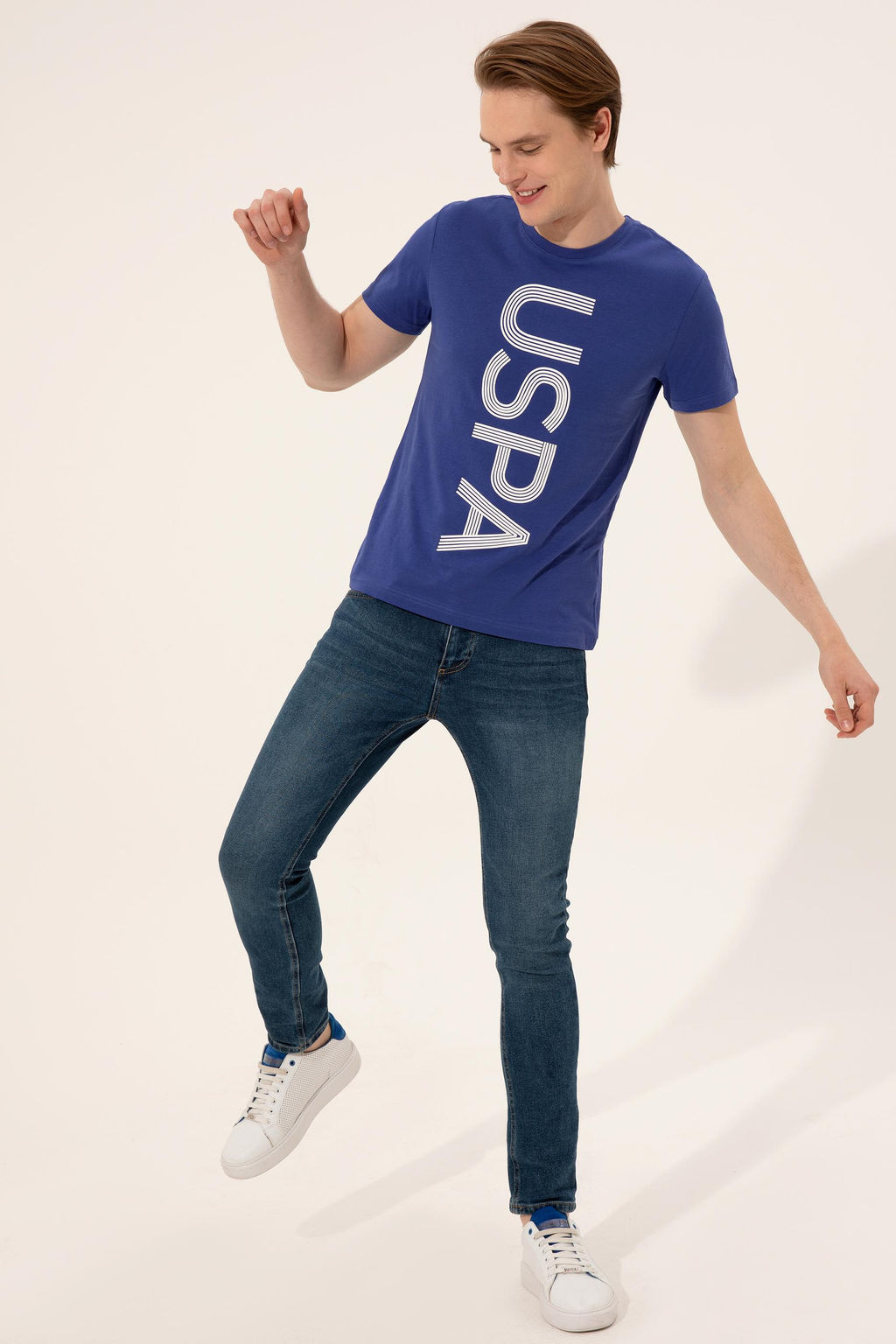 Erkek Mavi Bisiklet Yaka T-Shirt