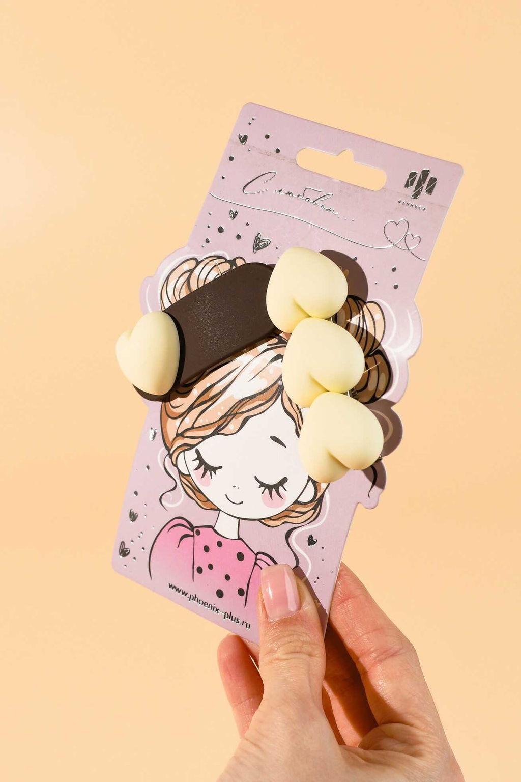 Набор заколок для волос клик-клак, зажим, софт-тач, арт. 71754 / 10 СЕРДЕЧКИ (в наборе: 2шт., 6,4; 6,7 см, черный металл, поликарбонат, полиэфирная смола, цвет: бежевый, коричневый, подложка из мелованного картона + ПЭТ-пакет с европодвесом)