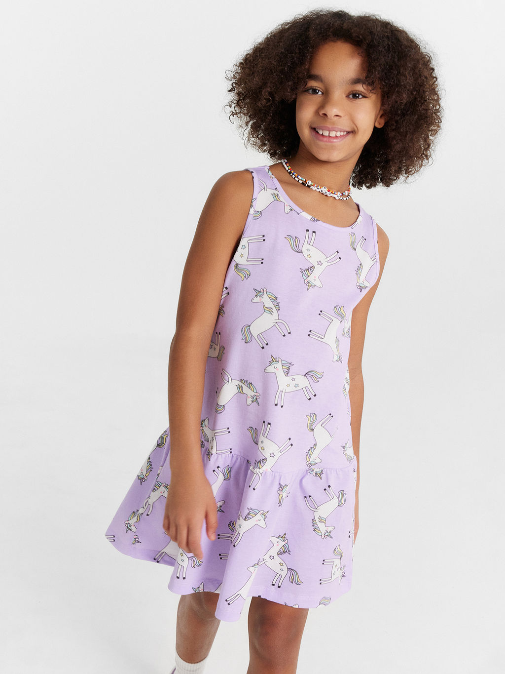 Платье для девочек сиреневое с принтом единороги