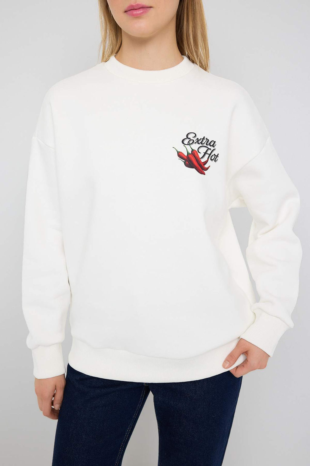 Teen Ekru Kal?n Ici Polarl? Biber Bask?l? Oversize Orme Sweatshirt TWOAW26SW00123 - Trendyolmilla фото 3