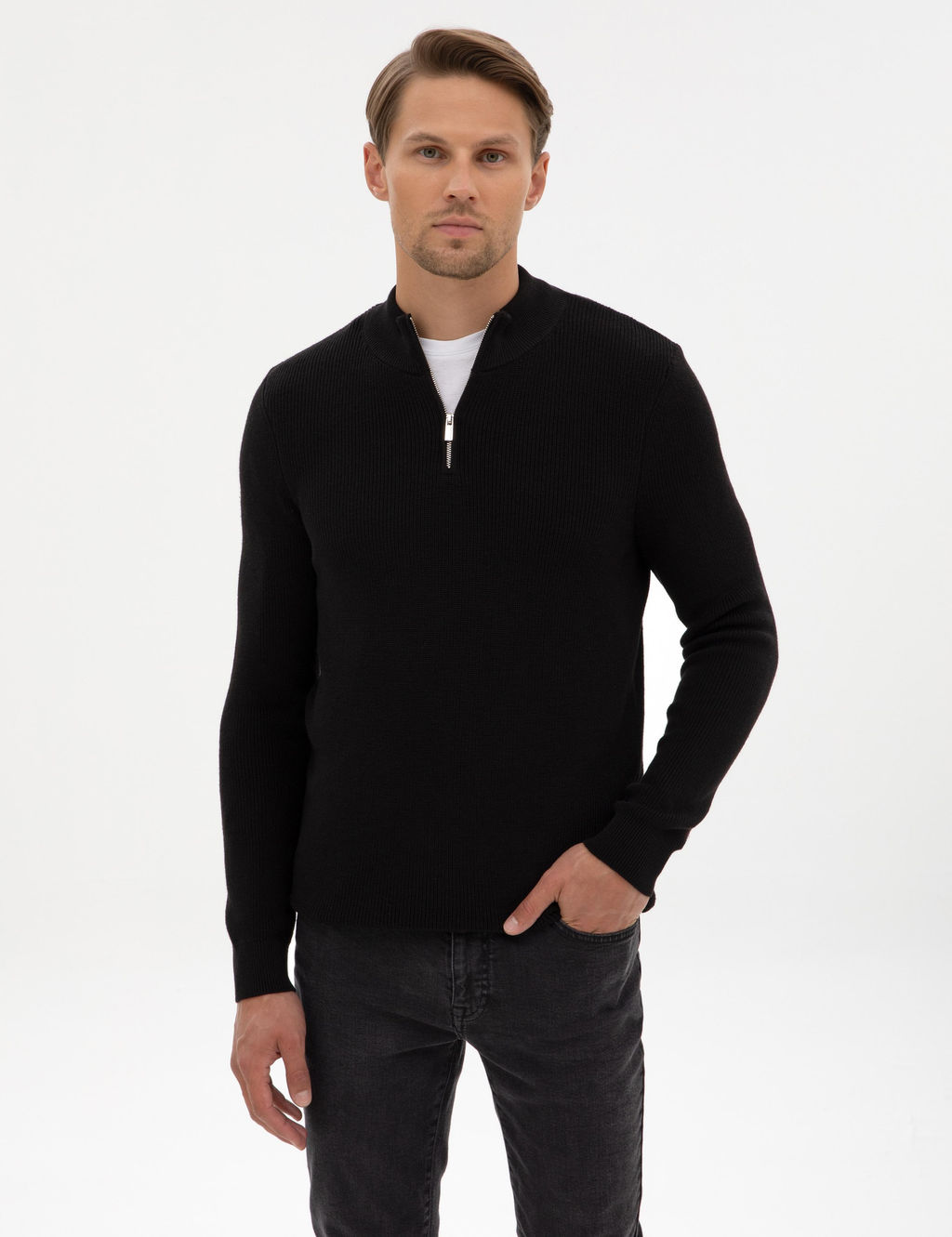 Siyah Slim Fit Dik Yaka Fermuarl_ Triko Kazak