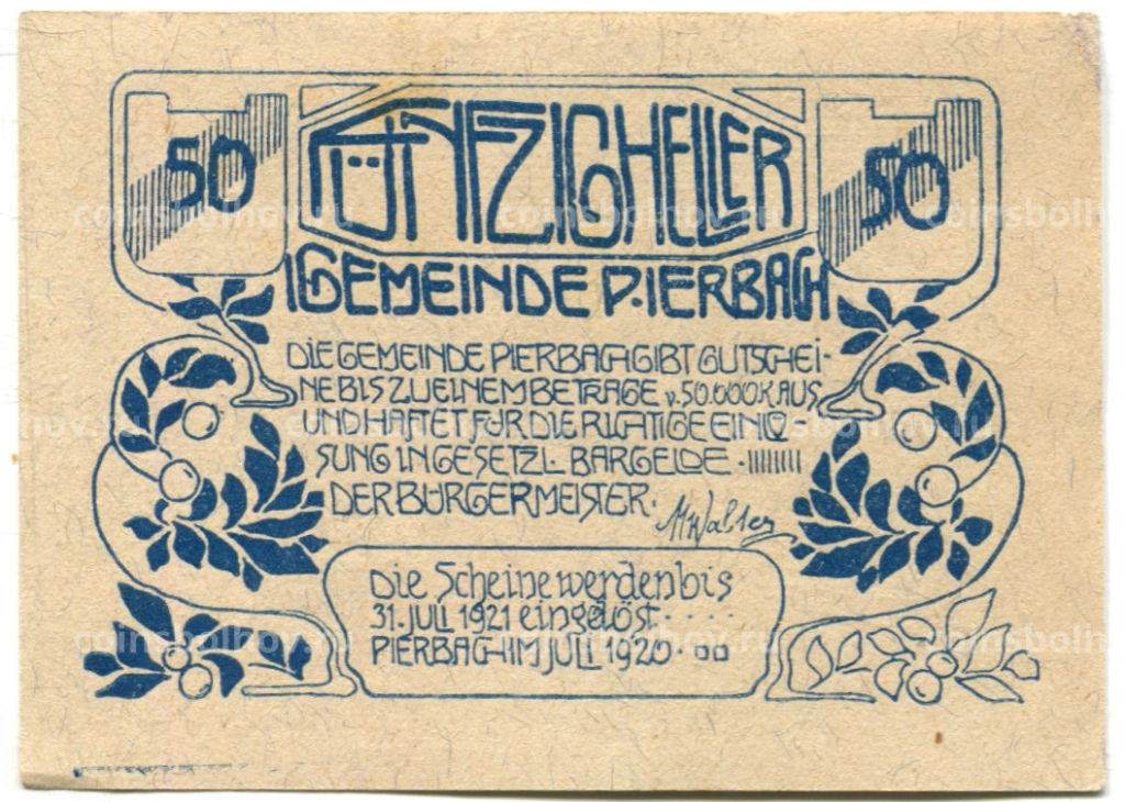 50 геллеров 1920 года Австрия Пирбах (нотгельд)