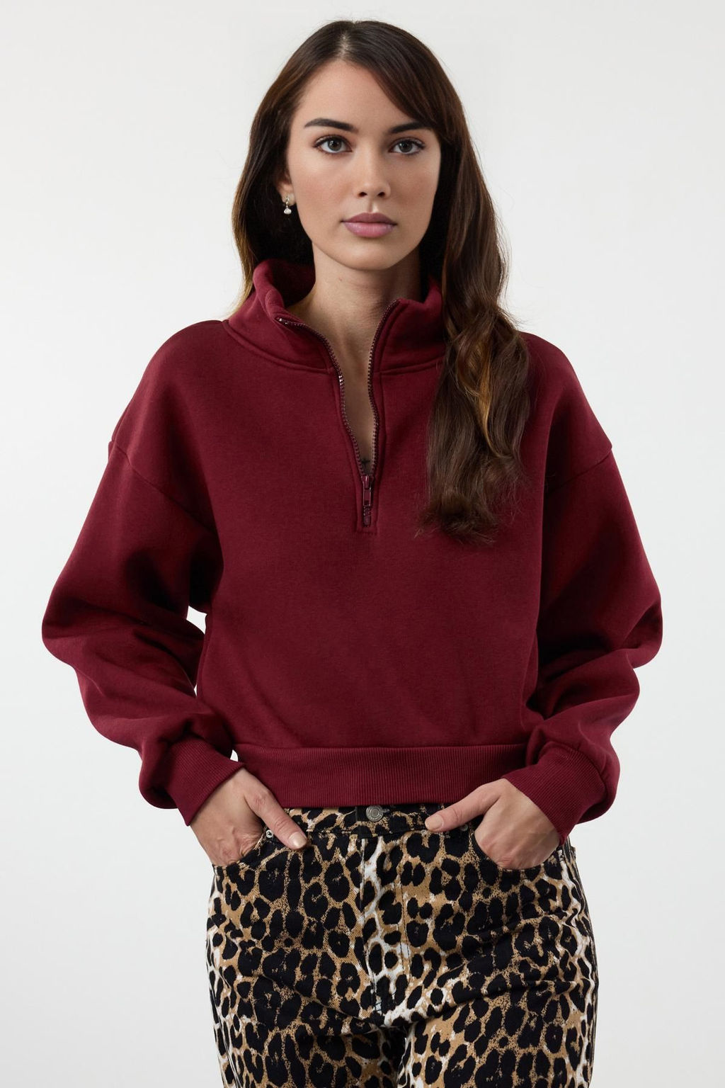 Bordo Rahat Kesim Crop Fermuarl? Dik Yaka Kal?n Ici Polarl? Orme Sweatshirt TWOAW24SW00221
