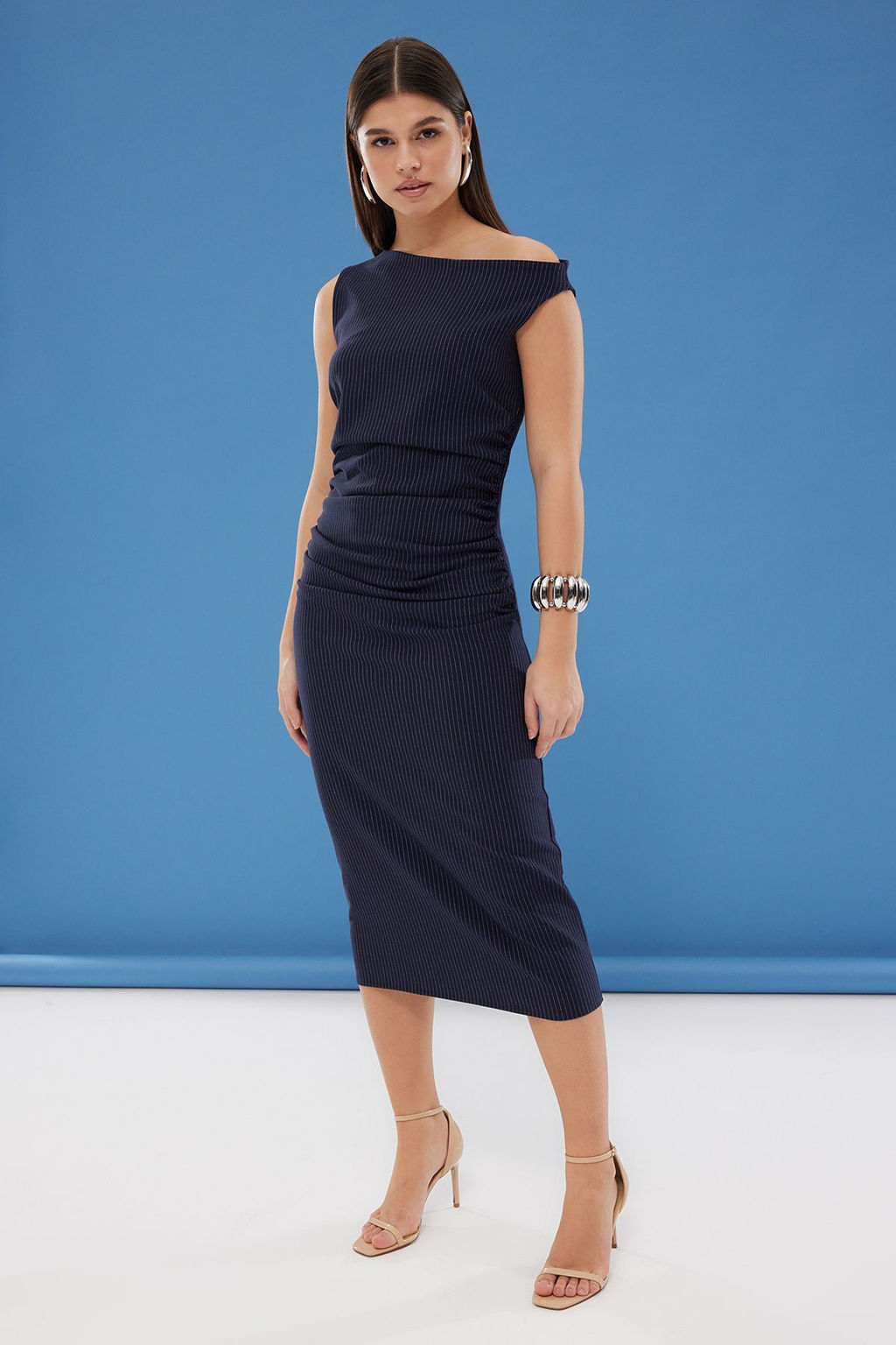 Lacivert Cizgili Vucudu Saran Midi Dokuma Elbise TWOSS25EL00264