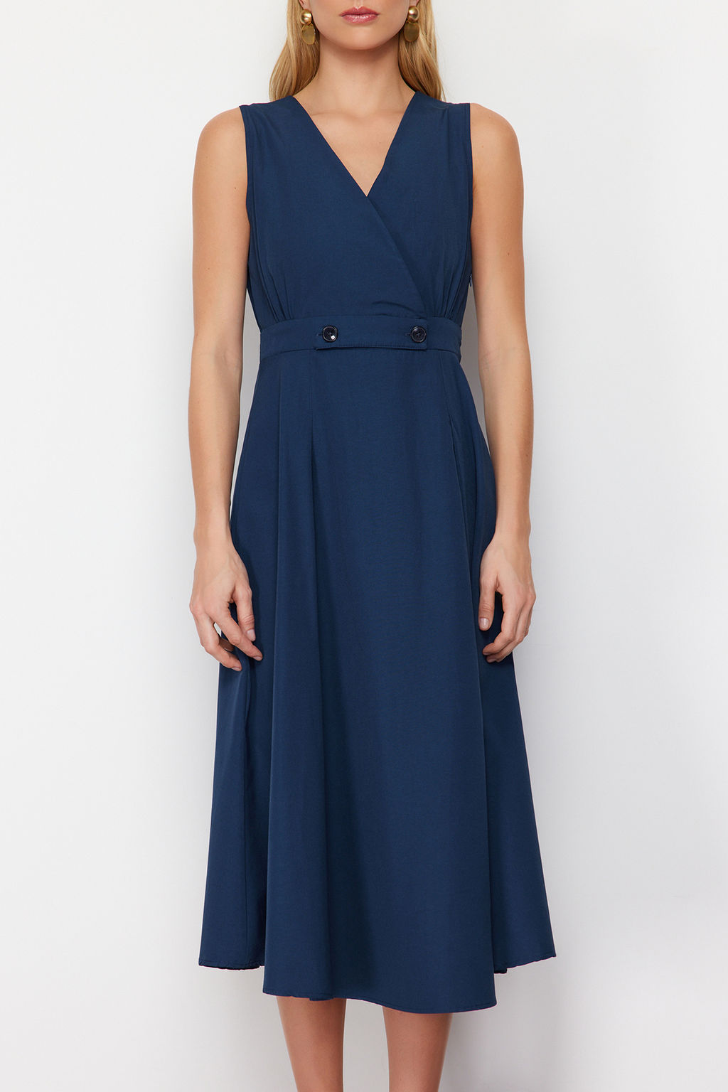 Lacivert A Kesim Kruvaze Yaka Dugme Detayl? Midi Dokuma Elbise TWOSS24EL00348 - Trendyolmilla фото 4