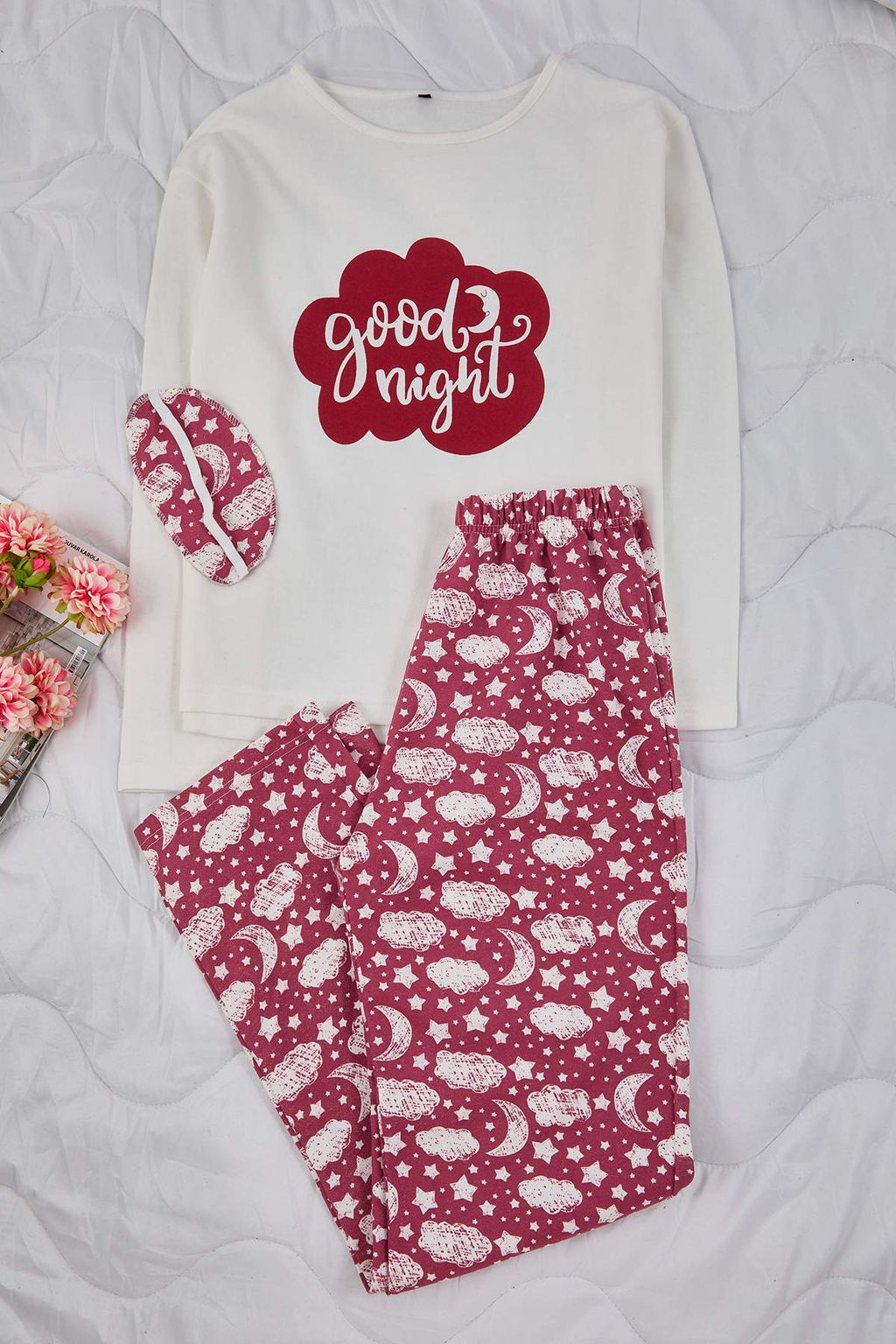 Trendyolmilla Beyaz Pamuklu Galaksi Desenli Sloganl? Uyku Bantl? Orme Pijama Tak?m? THMAW25PT00223 фото 18