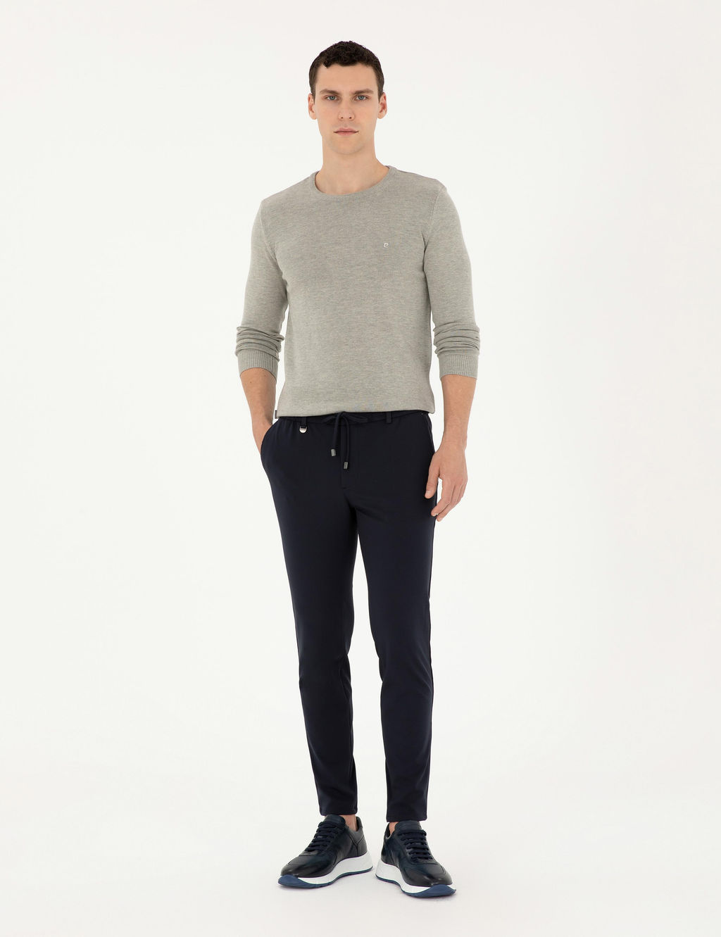 A__k Gri Melanj Slim Fit Bisiklet Yaka Basic Triko Kazak