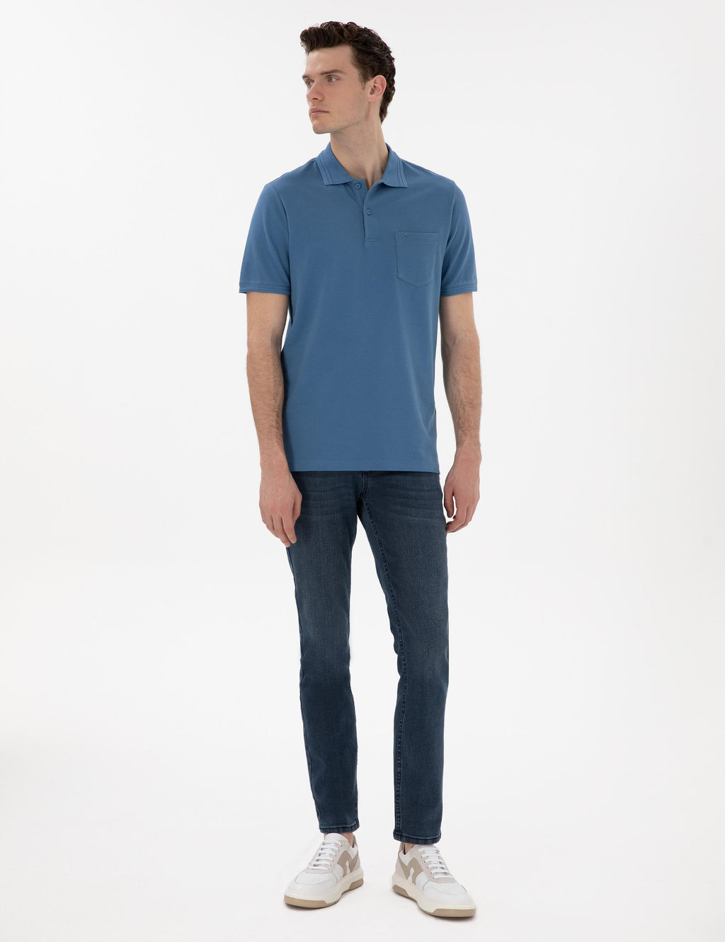 Koyu Mavi Regular Fit %100 Pamuk Polo Yaka Basic Ti__rt