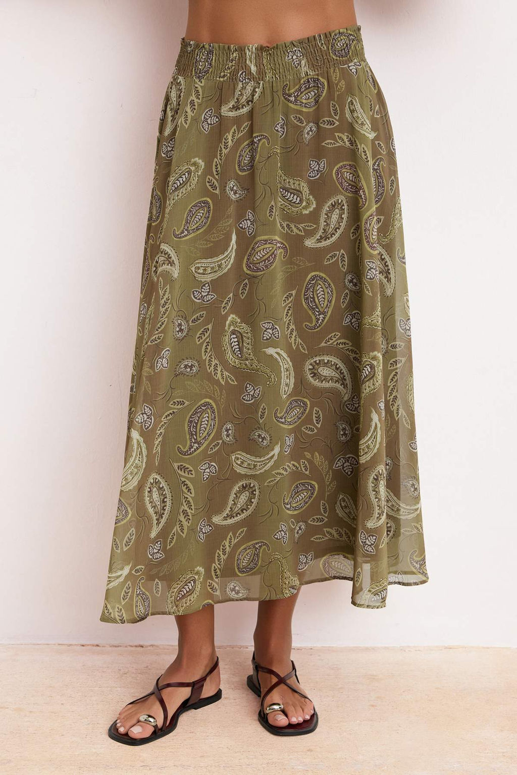 Haki Renkli Sifon Etnik Desenli Astarl? Maxi Uzun Etek TWOSS26ET00050 - Trendyolmilla фото 3