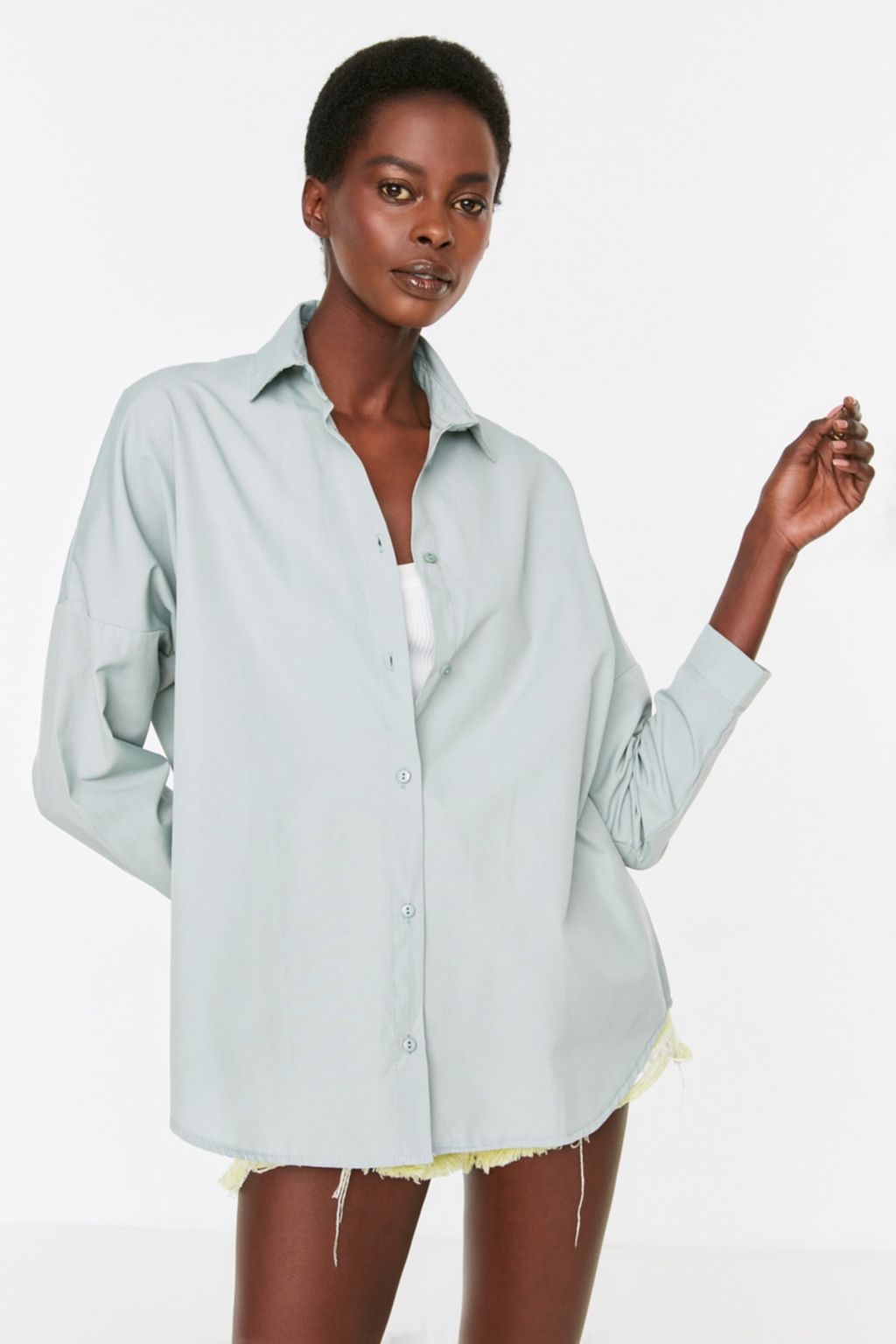 Mint Pamuklu Oversize Genis Kal?p Dokuma Gomlek TWOSS22GO0669
