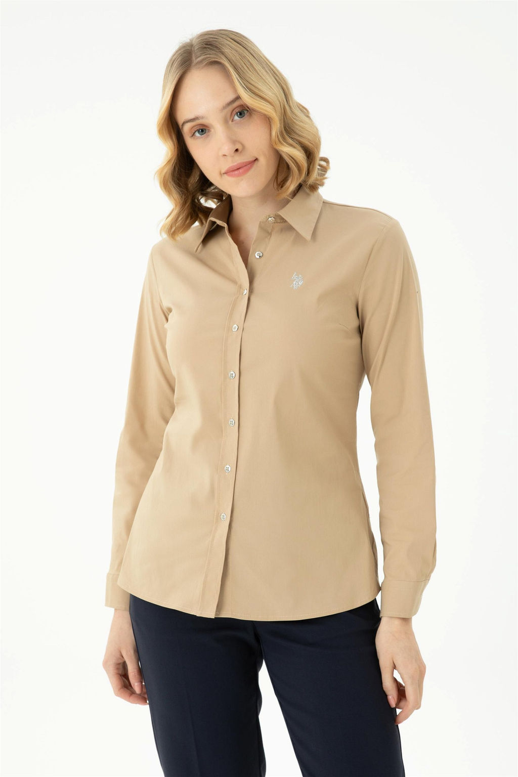 Женская базовая рубашка песочного цвета с длинным рукавом - U.s. polo assn фото 2