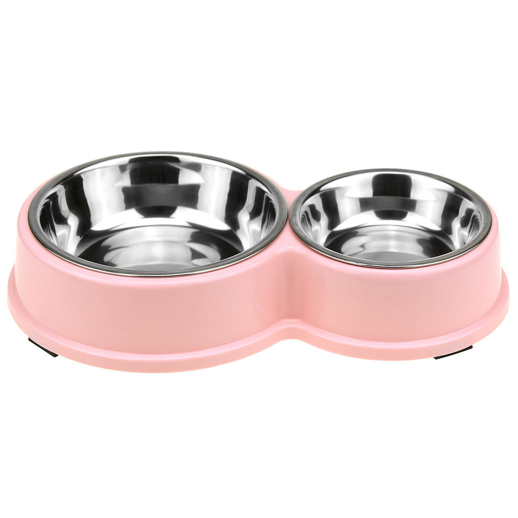 Миска для кормления животных из нержавеющей стали Обед 0,18л/0,45л, д11см h2,8см/д14см h4см, 2 штуки на пластмассовой подставке 28х17х5см, цвета микс (Китай) - Pet toys фото 5
