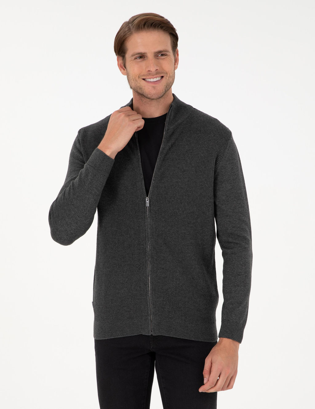 Gri Melanj Slim Fit Fermuarl_ Triko H_rka