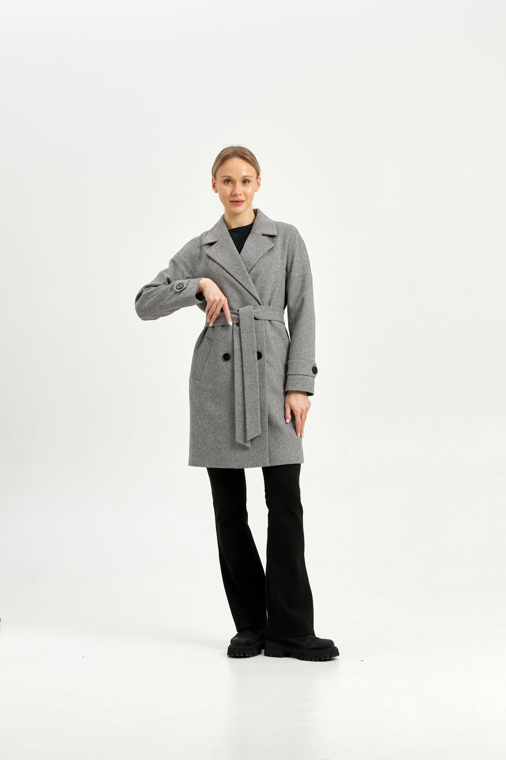 Пальто женское демисезонное 22970 (серый/ёлочка) - Kankan фото 2