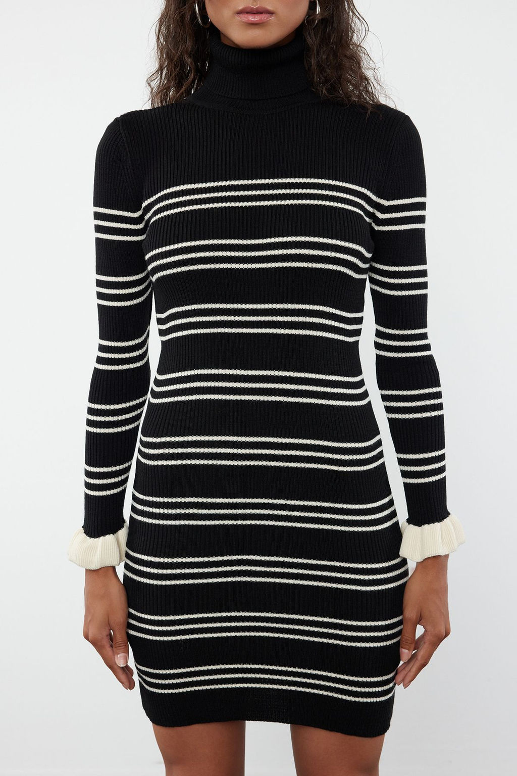 Siyah Mini Triko Cizgili Elbise TWOAW24EL00470