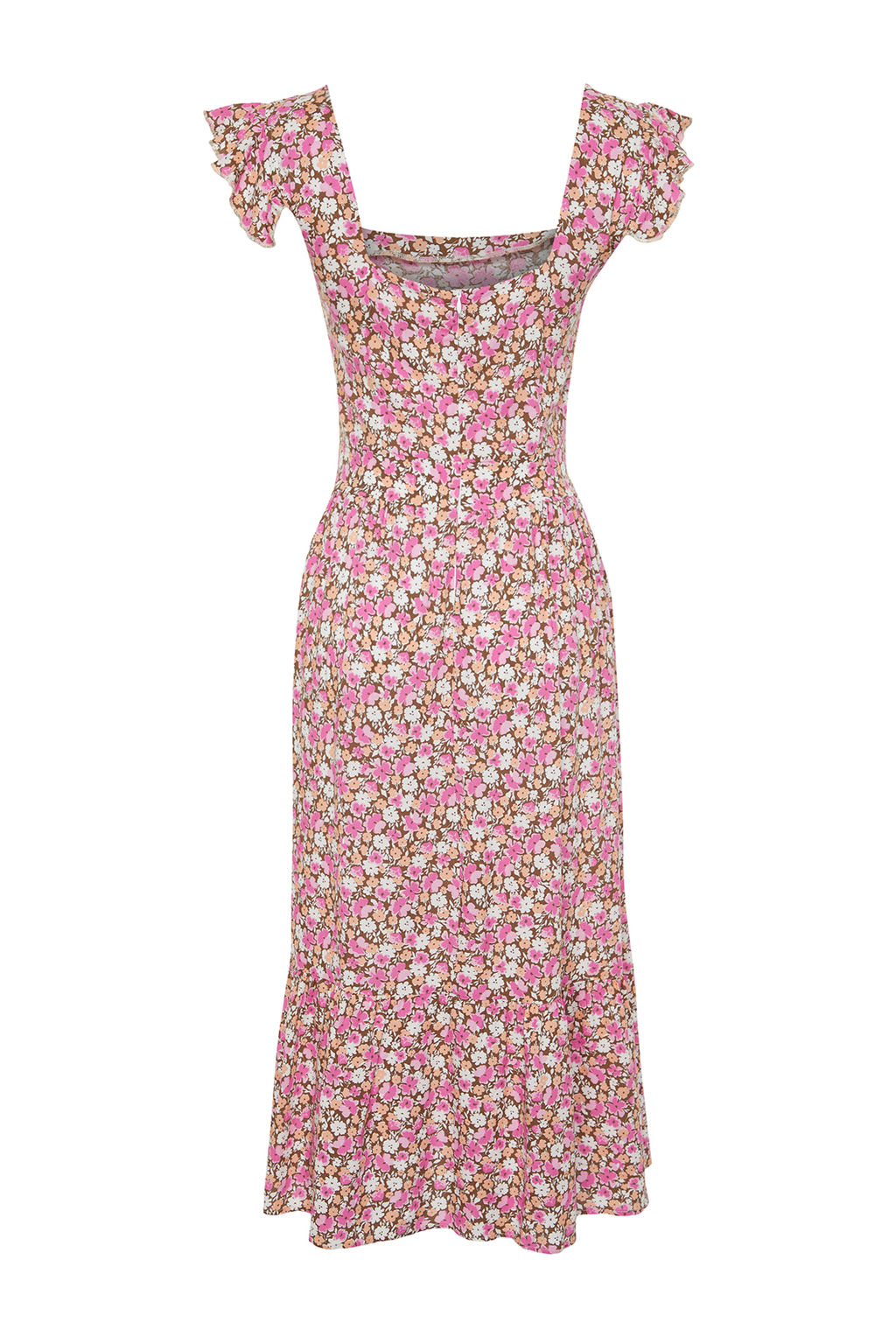 Lila Cicek Desenli Kare Yaka A Kesim Viskon Midi Dokuma Elbise TWOSS20EL3331