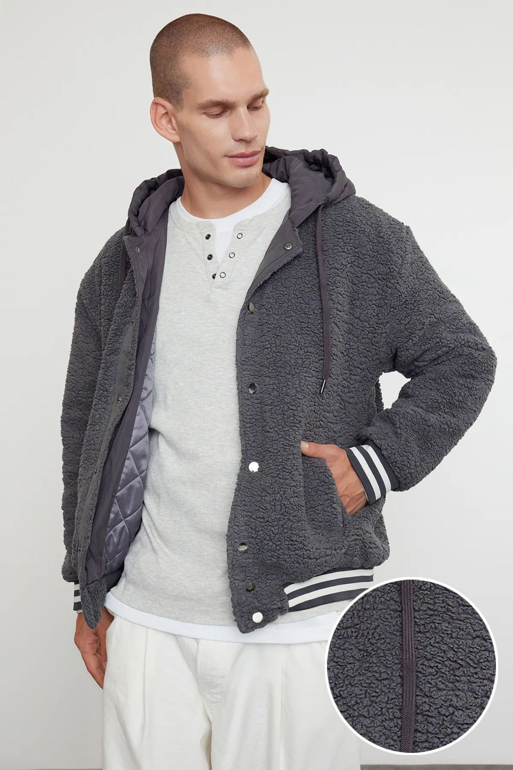 TRENDYOL MAN Ekru Unisex Relaxed Fit Lastik Detayl? Kapusonlu K?sl?k Mont TMNAW25MO00015 - Trendyolmilla фото 17