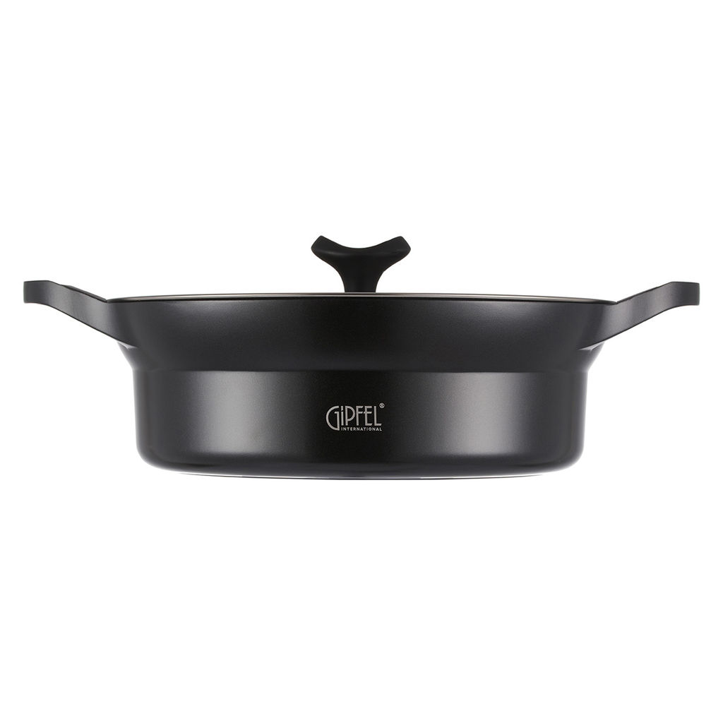 51921 GIPFEL Кастрюля-сотейник AZUL BLACK 26x9,0см/3,7л из литого алюминия со стеклянной крышкой, индукционным дном, двуслойным антипригарным мраморным покрытием Greblon Weilburger. Толщина: 1,6/4,5мм